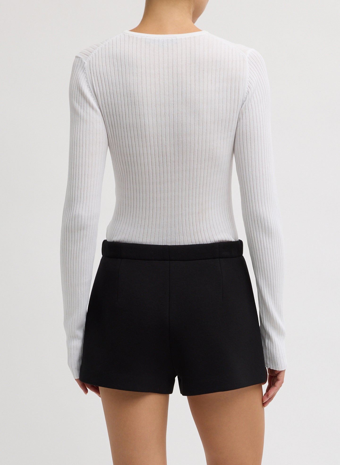 White Ribbed Crewneck - long sleeve, thin knit, back view on model