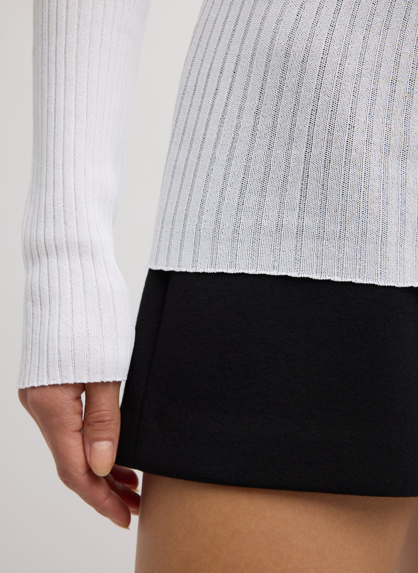 White Ribbed Crewneck - closeup of ribbed fabrication