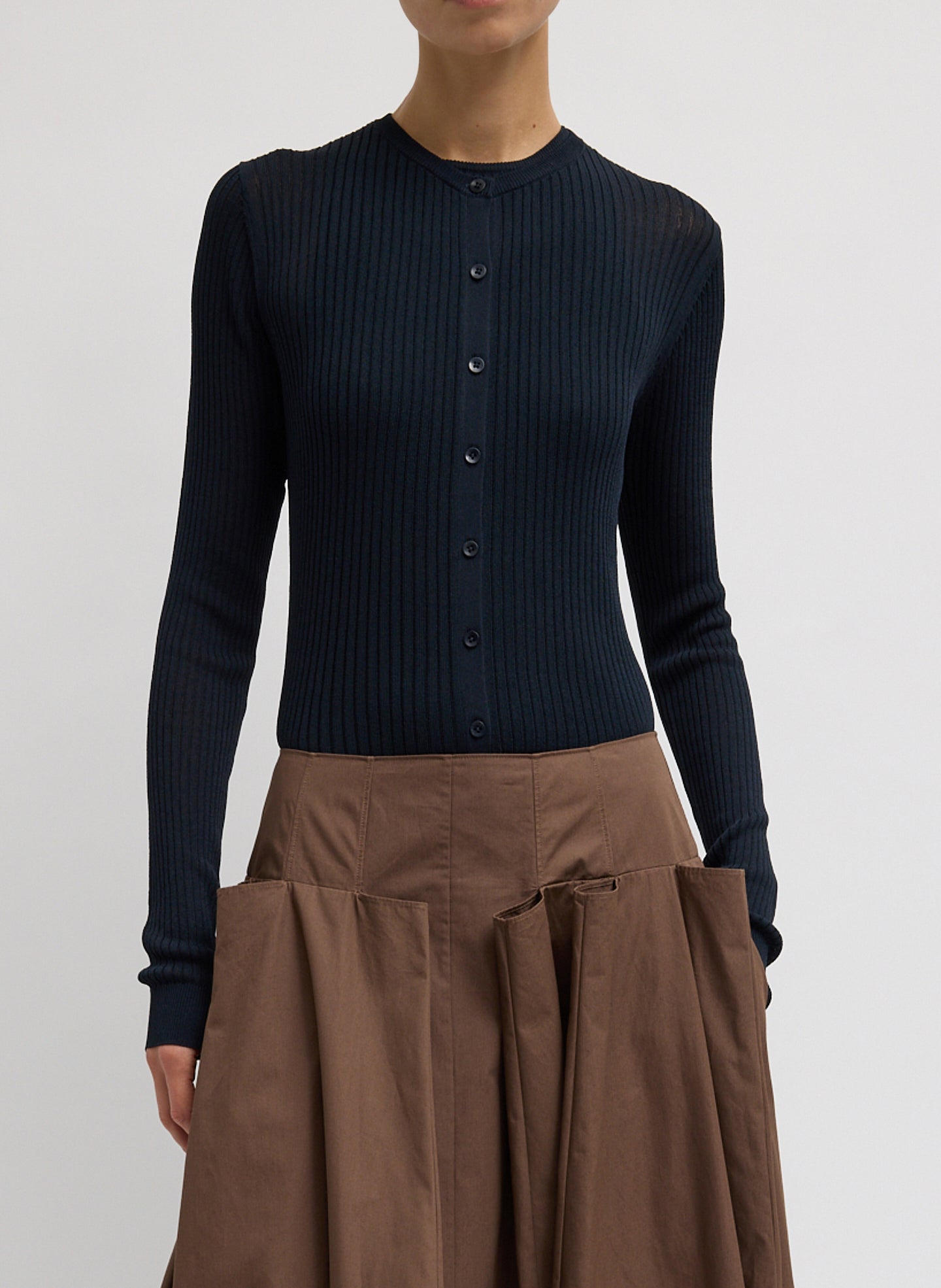 Navy Ribbed Knit Cardigan - front view on model