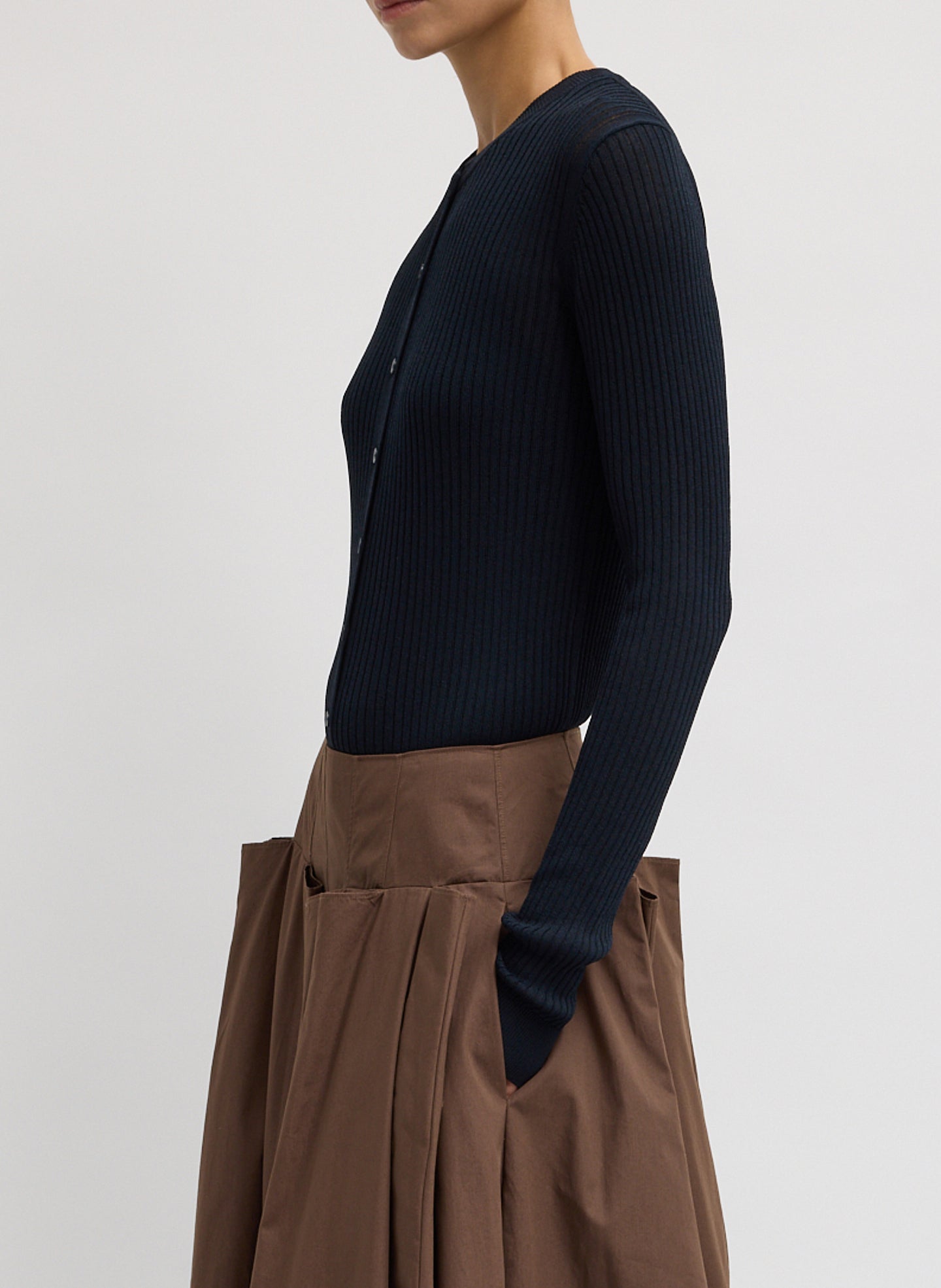 Navy Ribbed Knit Cardigan - side view on model