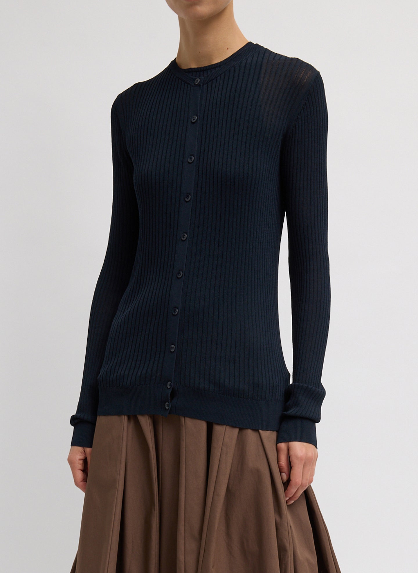 Ribbed Sweater Slim Cardigan - Navy Ribbed Knit Cardigan - front view on model