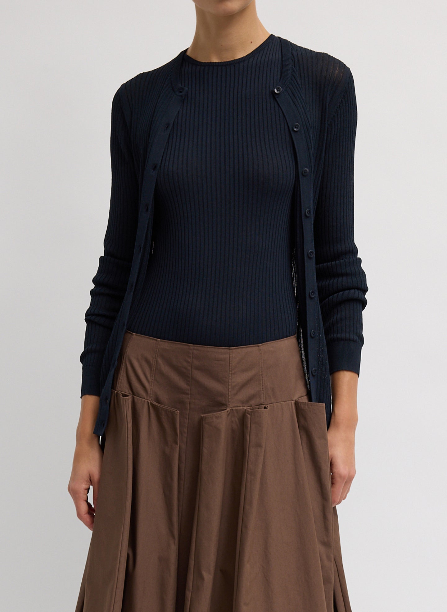 Navy Ribbed Knit Cardigan - front view on model