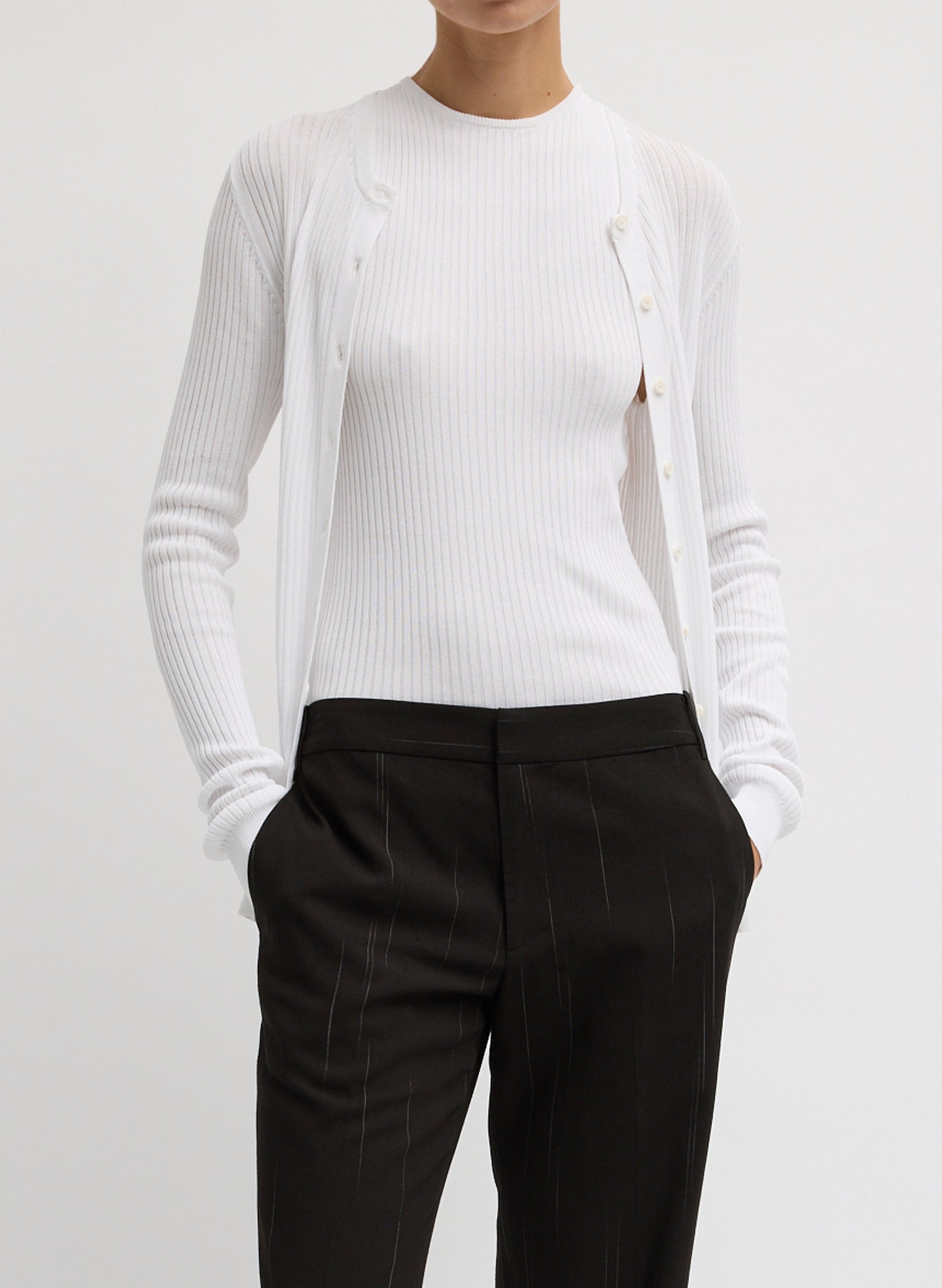 Navy Ribbed Knit Cardigan - front view on model