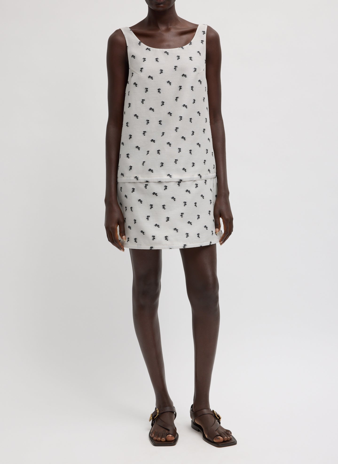 Silk Gazar Jacquard Hoop Sleeveless Dress - Ivory Silk Gazaar Jacquard Hoop Sleeveless Dress - patterned mini dress, front view on model