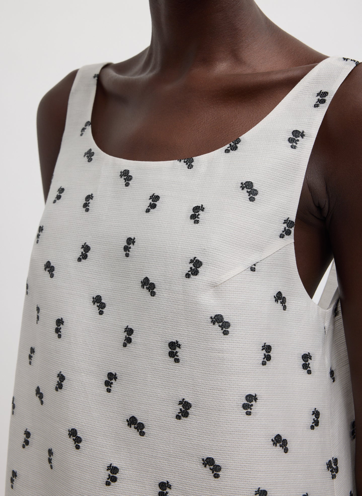 Ivory Silk Gazaar Jacquard Hoop Sleeveless Dress - closeup of silk jacquard fabric and pattern