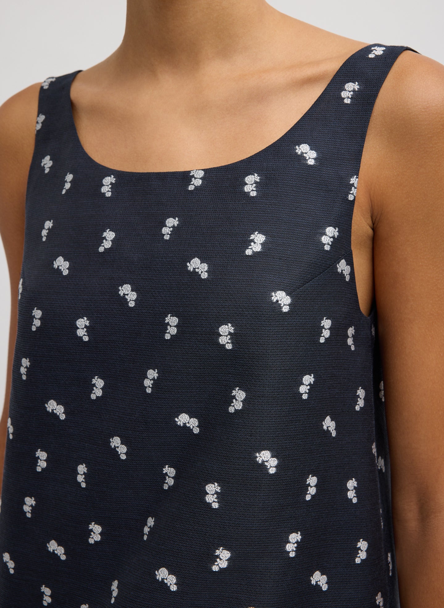 Navy Silk Gazaar Jacquard Hoop Sleeveless Dress - patterned mini dress, front view on model