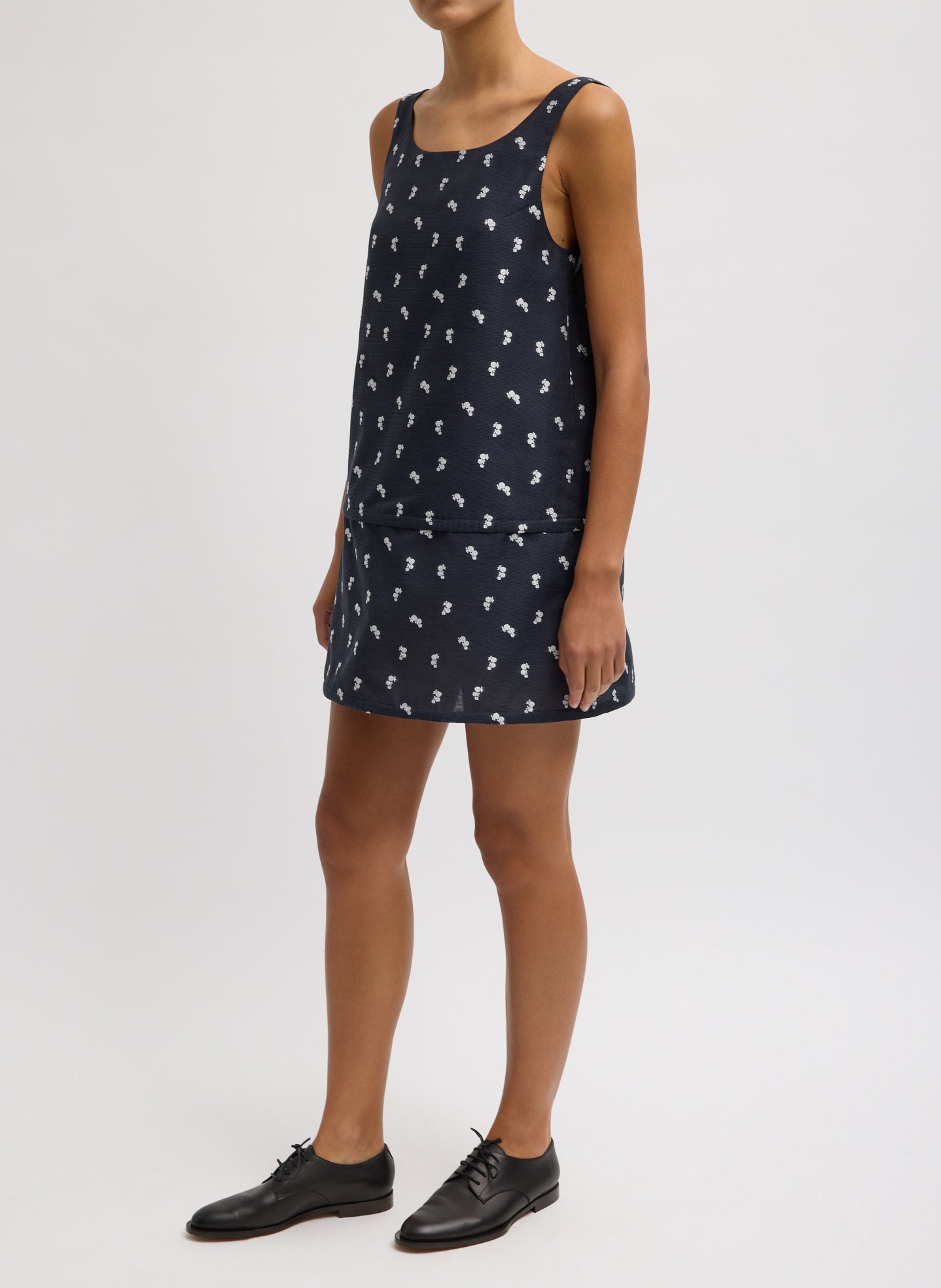 Navy Silk Gazaar Jacquard Hoop Sleeveless Dress - patterned mini dress, side view on model