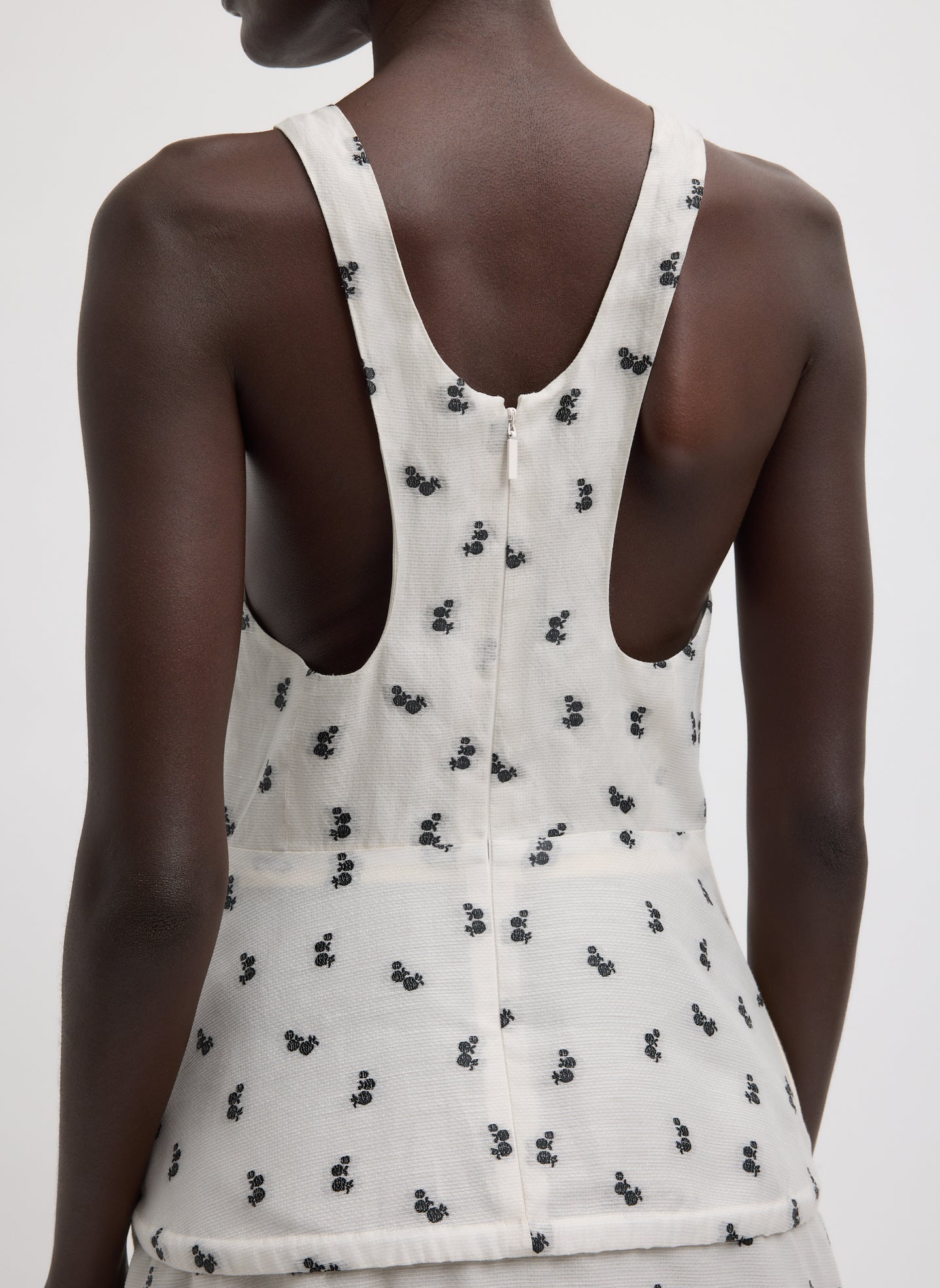 Ivory Silk Gazaar Jacquard Hoop Racerback Dress - closeup of racerback and zip back detail