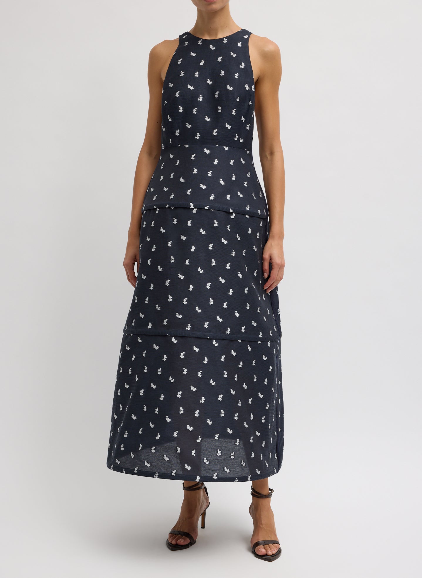 Navy Silk Gazaar Jacquard Hoop Racerback Dress - long patterned dress, front view on model