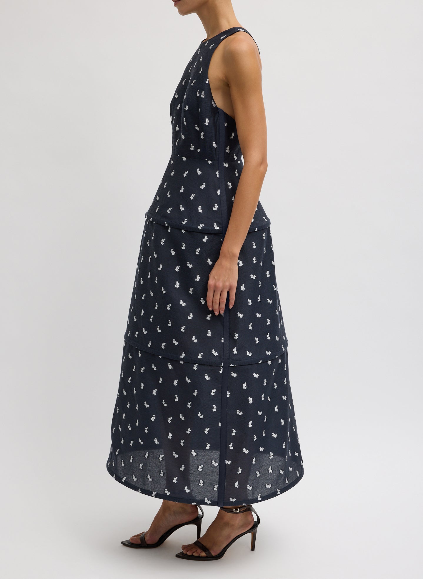Navy Silk Gazaar Jacquard Hoop Racerback Dress - long patterned dress, side view on model