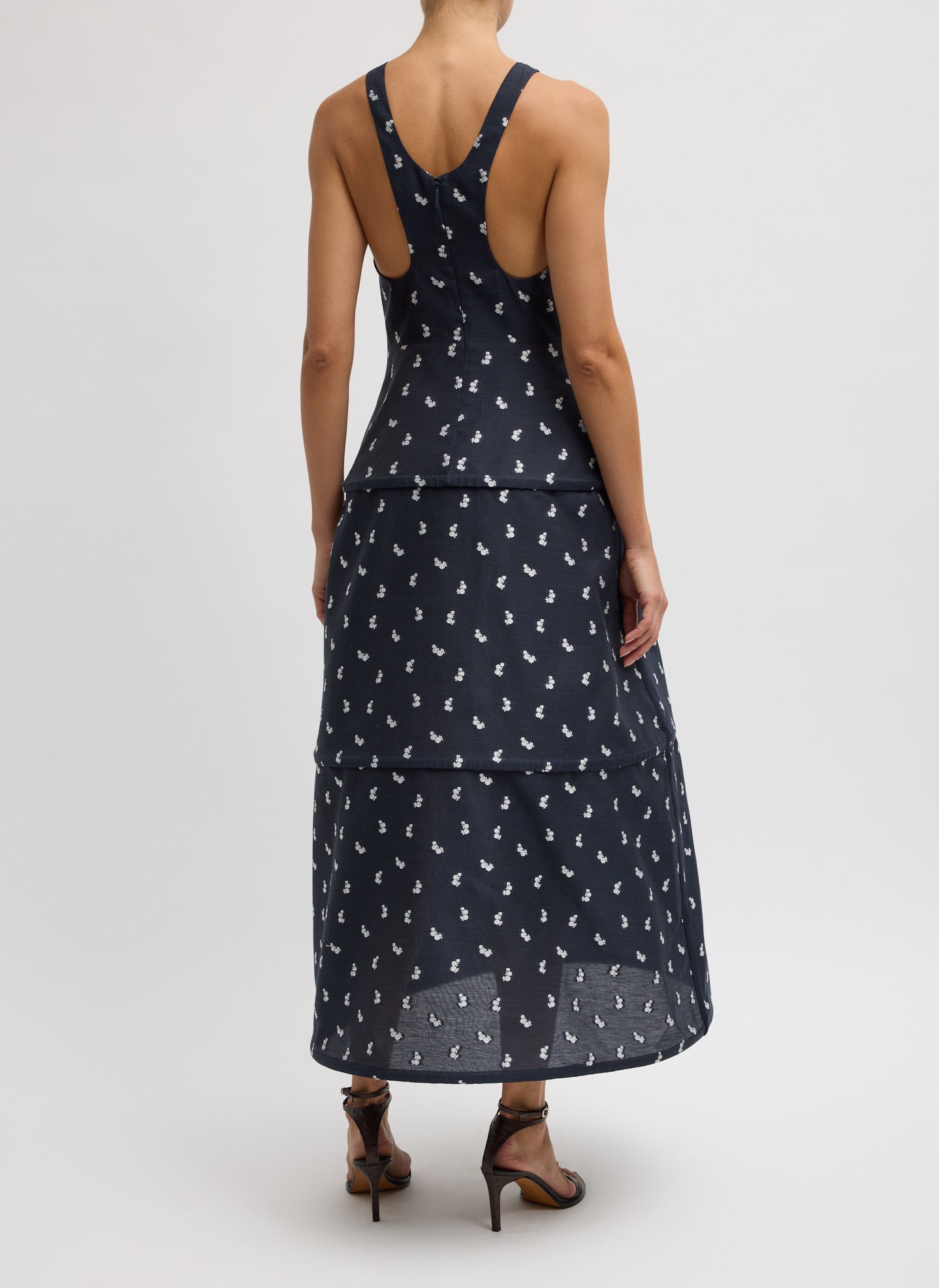 Navy Silk Gazaar Jacquard Hoop Racerback Dress - long patterned dress, back view on model