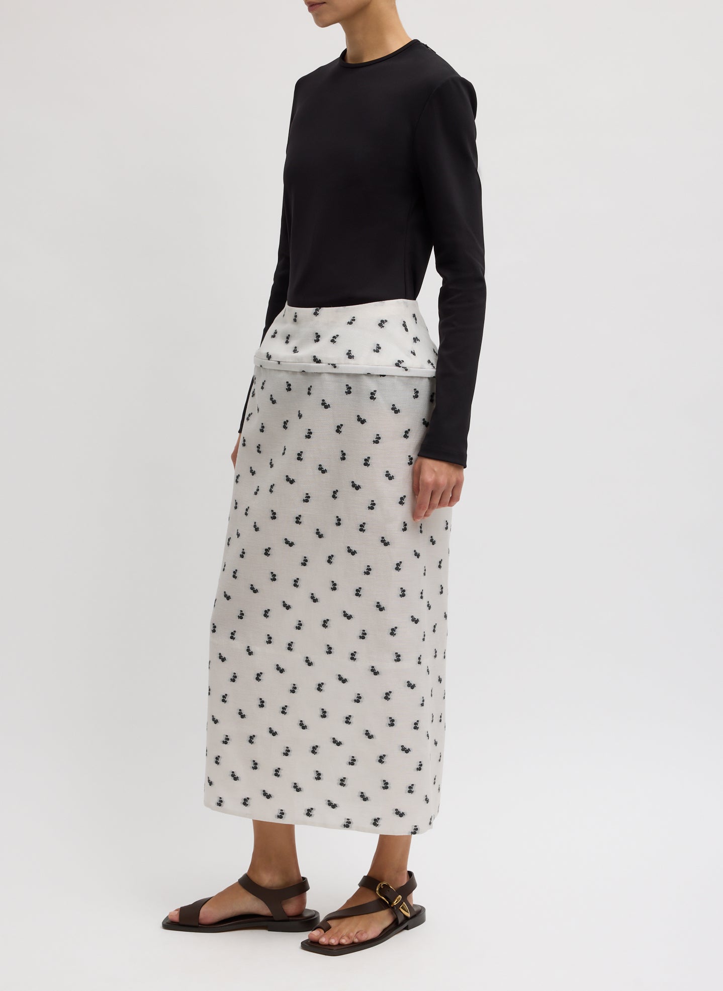 Ivory Silk Gazaar Jacquard Hoop Pencil Skirt - patterned midi skirt with hoop insert, side view on model
