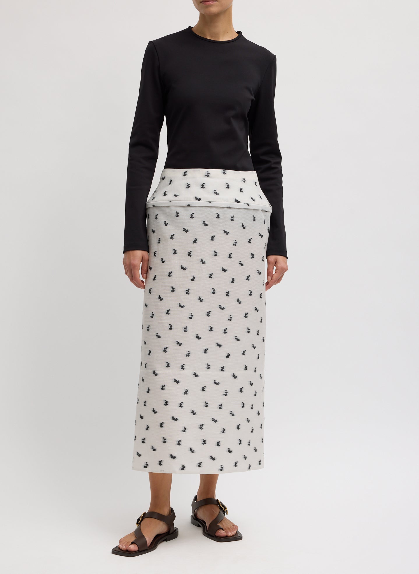 Silk Gazar Jacquard Hoop Pencil Skirt - Ivory Silk Gazaar Jacquard Hoop Pencil Skirt - patterned midi skirt with hoop insert, front view on model