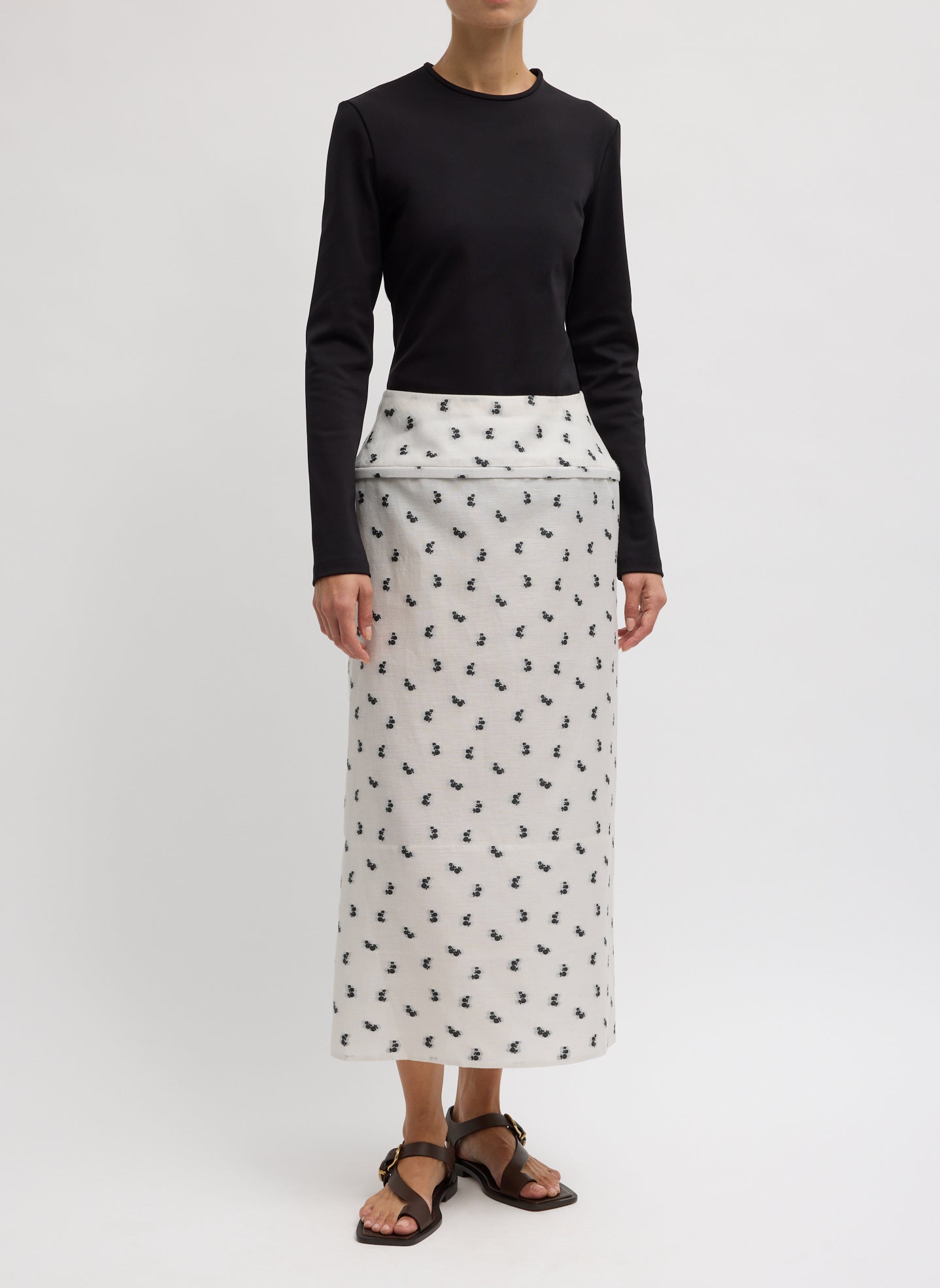 Ivory Silk Gazaar Jacquard Hoop Pencil Skirt - patterned midi skirt with hoop insert, front view on model