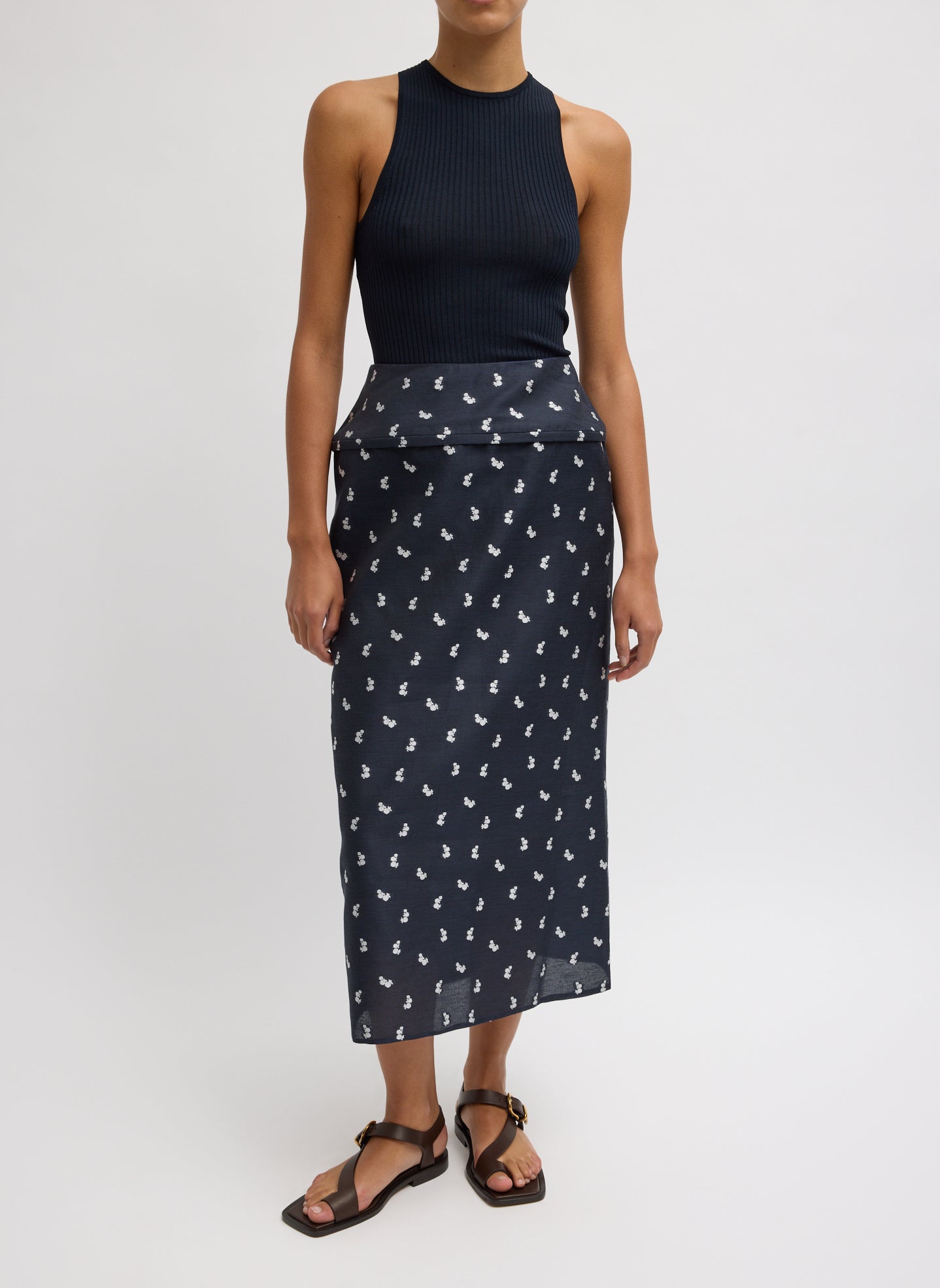 Navy Silk Gazaar Jacquard Hoop Pencil Skirt - patterned midi skirt with hoop insert, front view on model