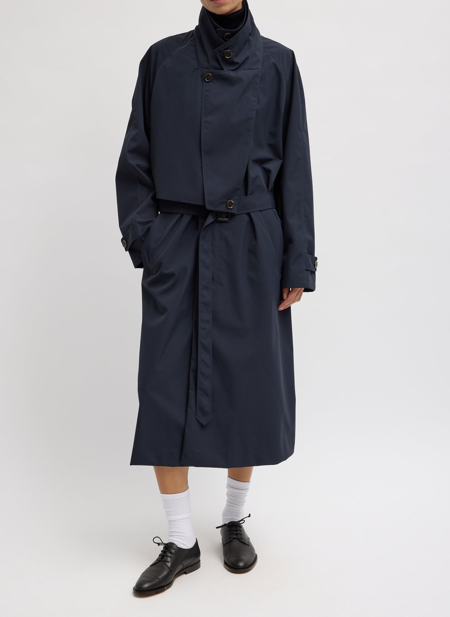 Navy Double Collar Frank Trench - trench coat, front view on model