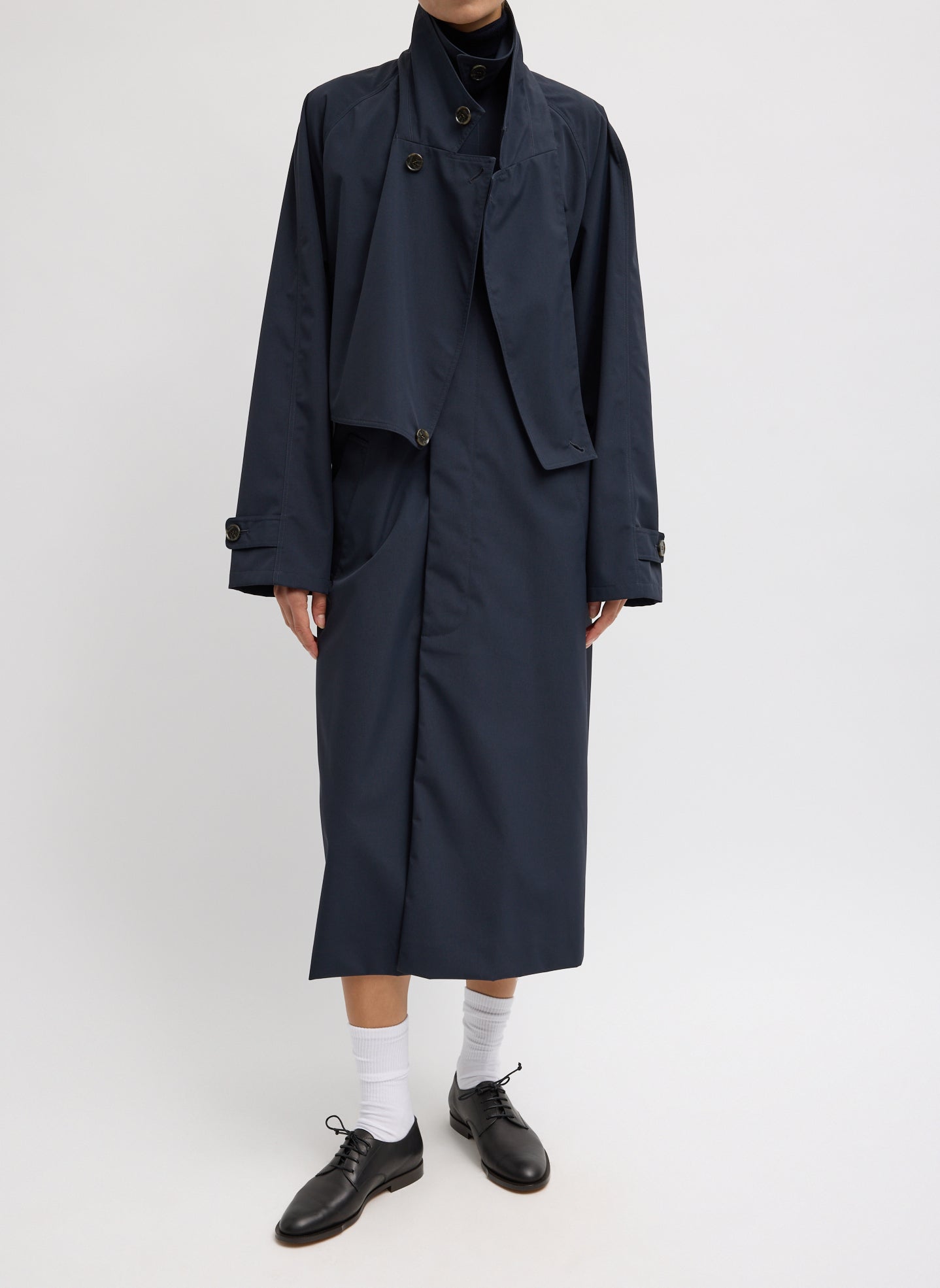 Navy Double Collar Frank Trench - trench coat, front view on model