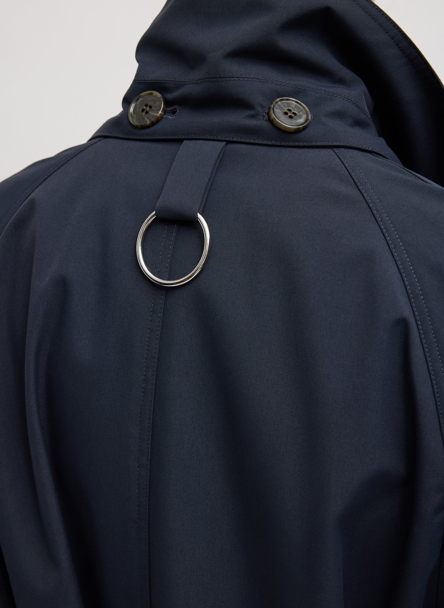 Navy Double Collar Frank Trench - closeup of ring detail at back