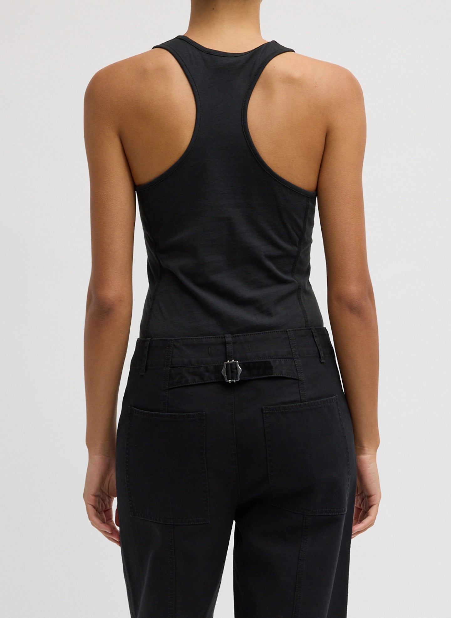 Black Racerback Bodysuit - sleeveless tank, back view on model