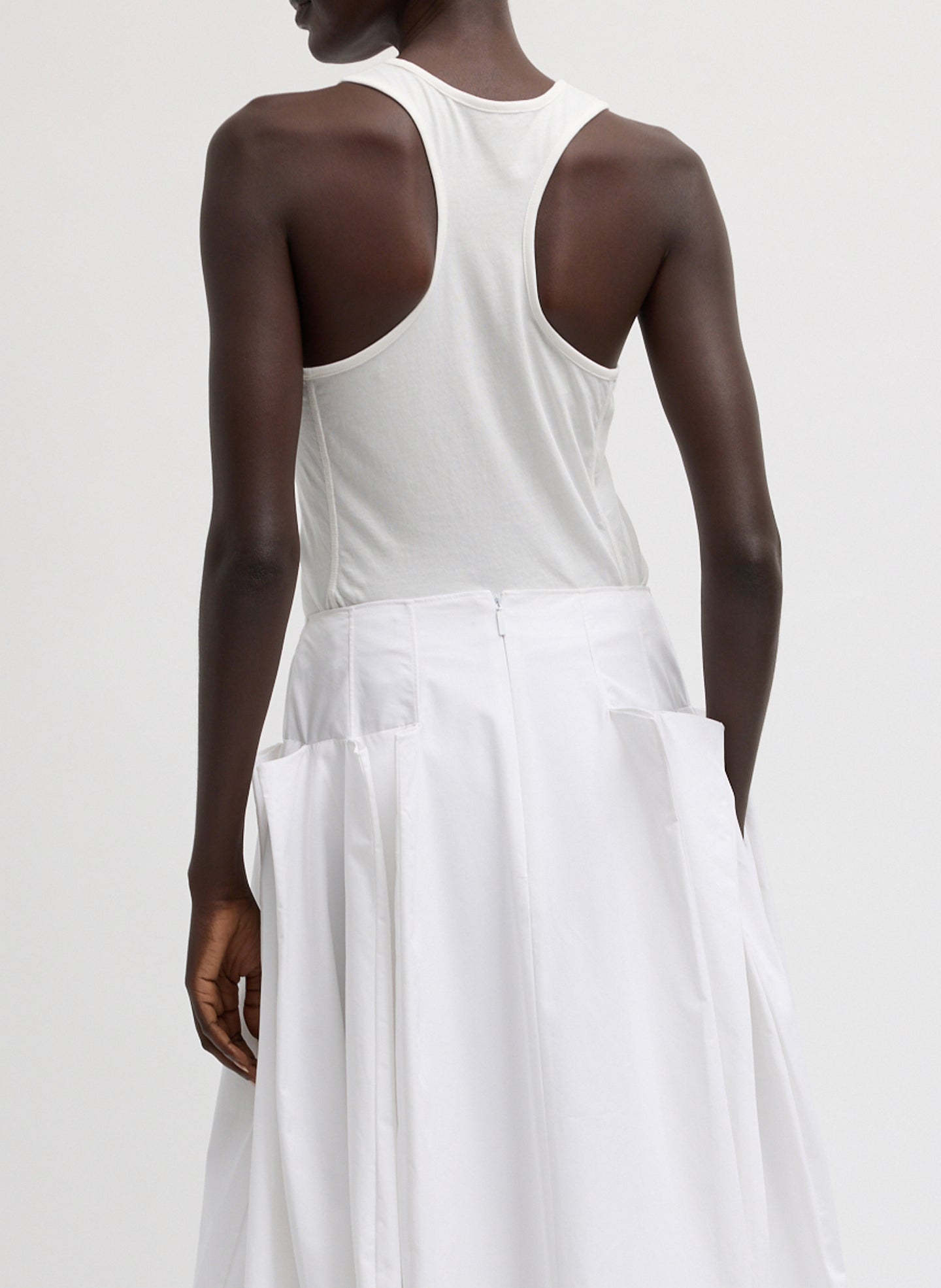 White Racerback Bodysuit - sleeveless tank, back view on model
