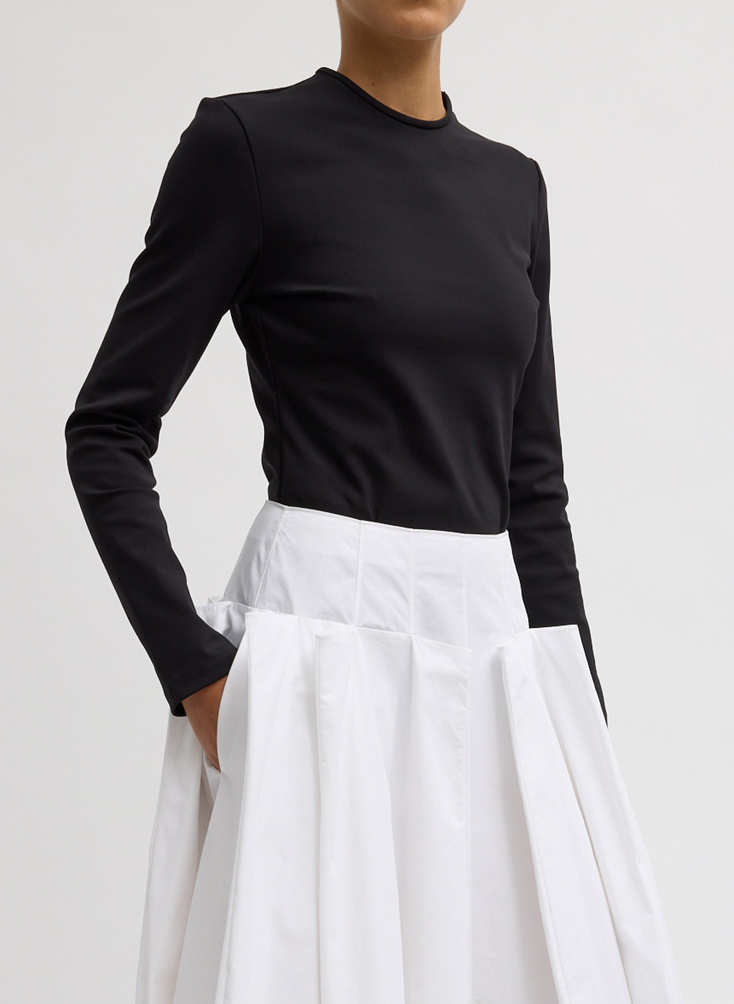 Black Compact Ultra Stretch Cut Out Back Top - long sleeve, side view on model