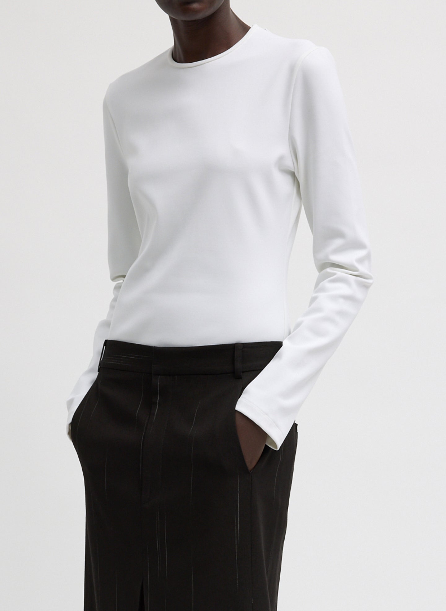 White Compact Ultra Stretch Cut Out Back Top - long sleeve, front view on model
