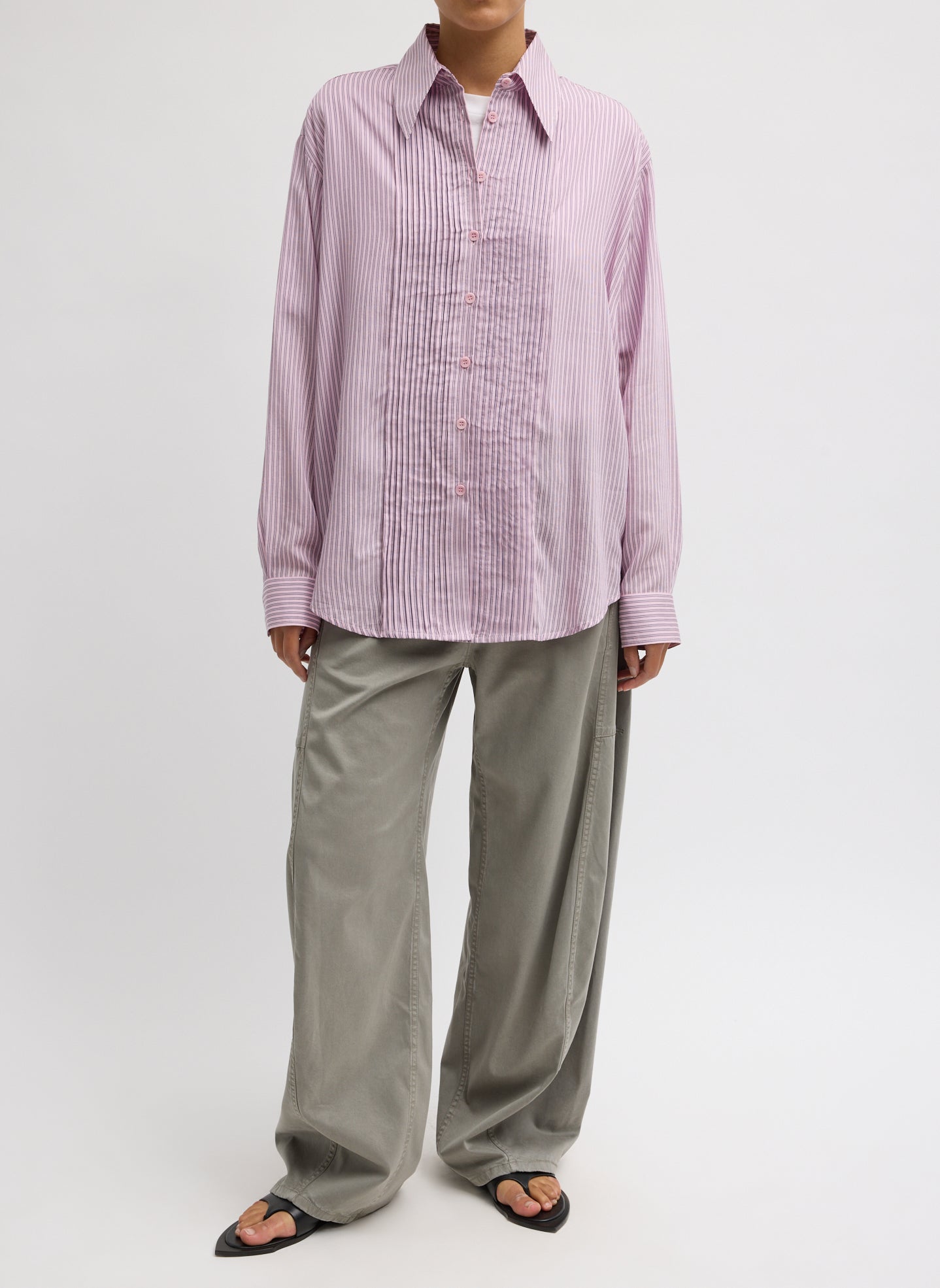 Ultra Light Silk Tencel Striped Pintucked Shirt - full look, front view on model