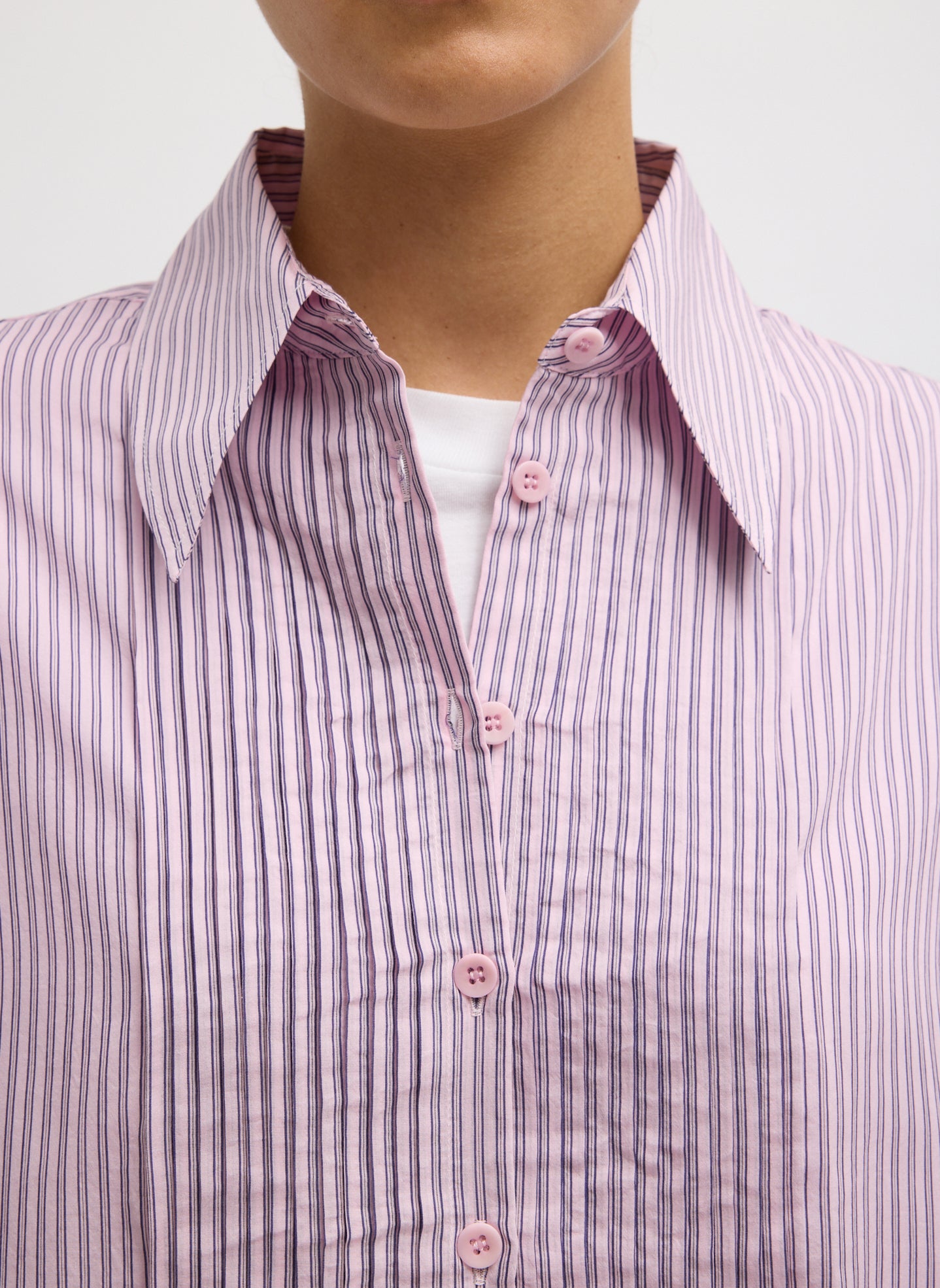 新品未使用タグ付き　今季　完売　stripe tunic shirt ピンク Ultra Light Silk Tencel Striped Pintucked Shirt – Tibi Official