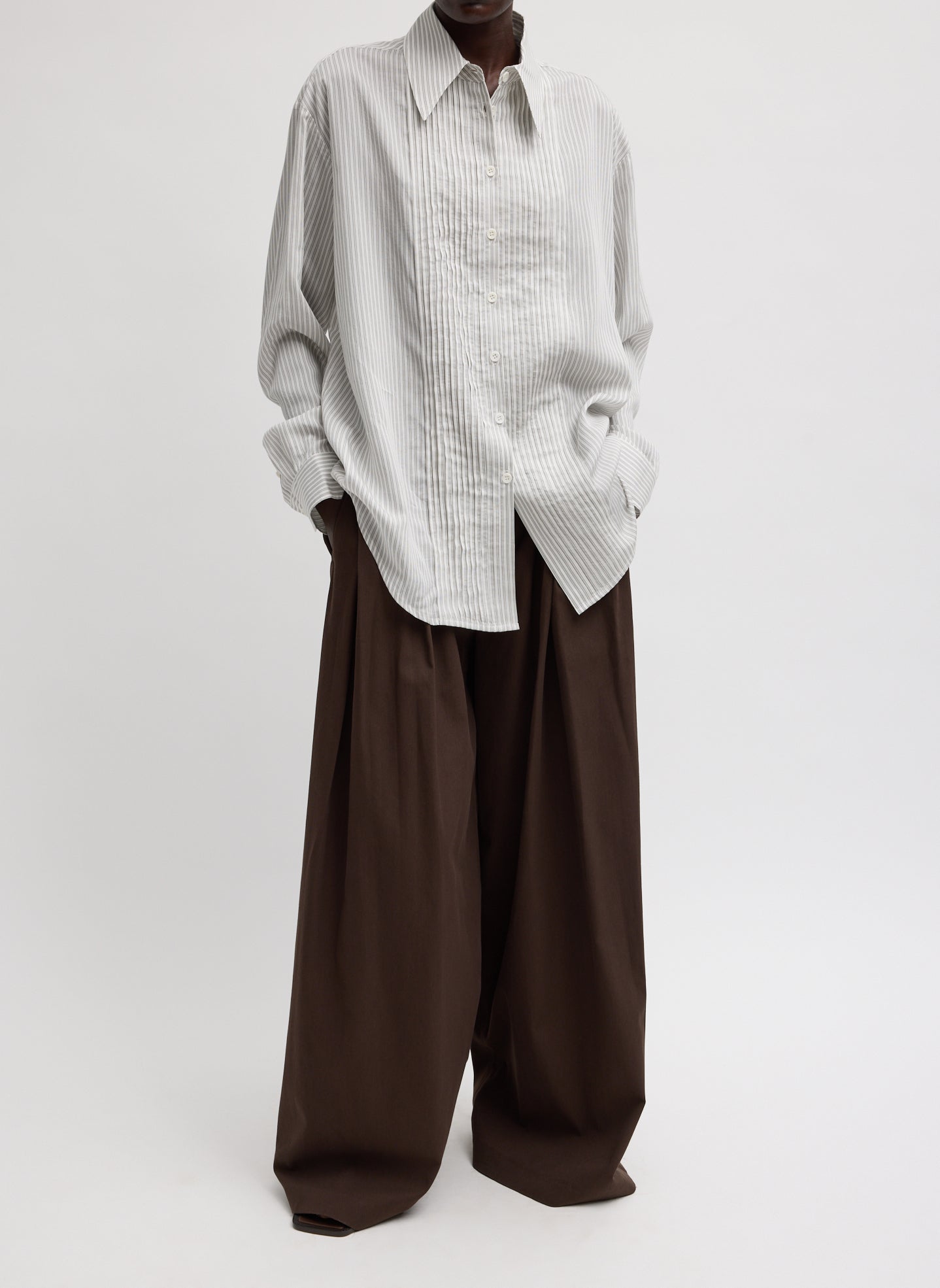 Ultra Light Silk Tencel Striped Pintucked Shirt - full look, front view on model