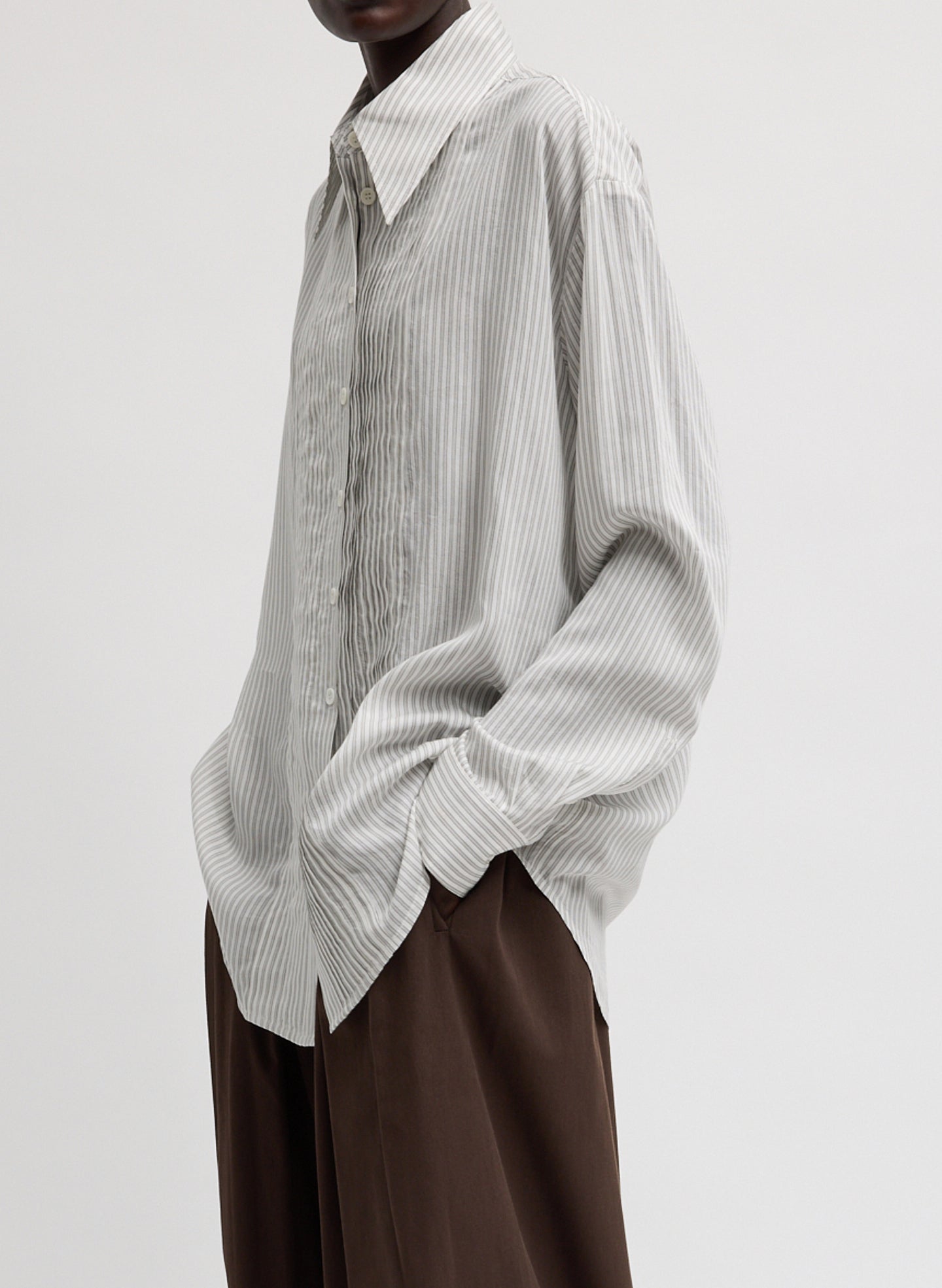 Ultra Light Silk Tencel Striped Pintucked Shirt - side view on model