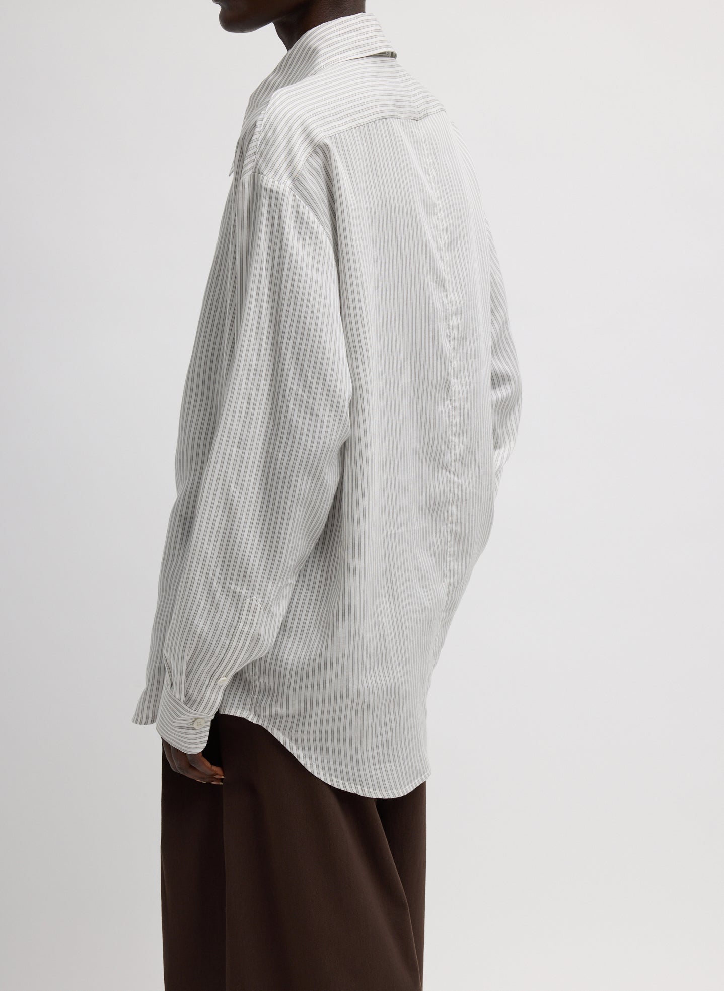 Ultra Light Silk Tencel Striped Pintucked Shirt - side view on model