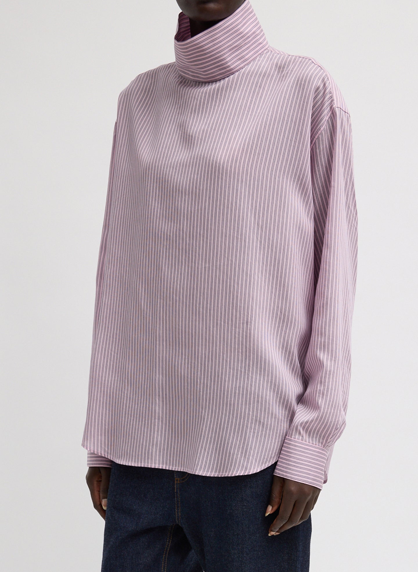 Ultra Light Silk Tencel Striped Funnel Neck Shirt - long sleeve, front view on model