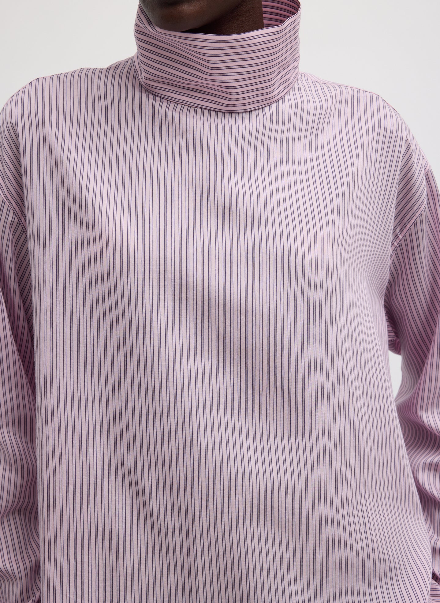Ultra Light Silk Tencel Striped Funnel Neck Shirt - closeup of funnel neck
