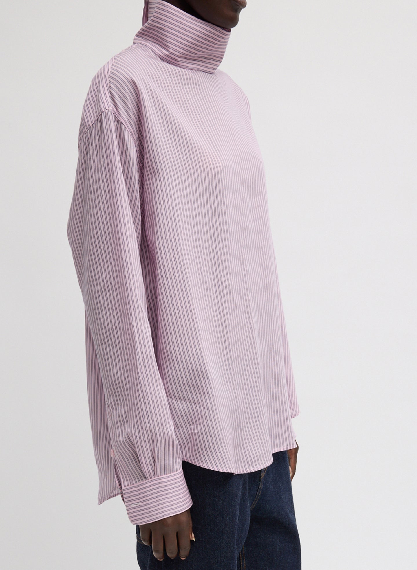 Ultra Light Silk Tencel Striped Funnel Neck Shirt - long sleeve, side view on model