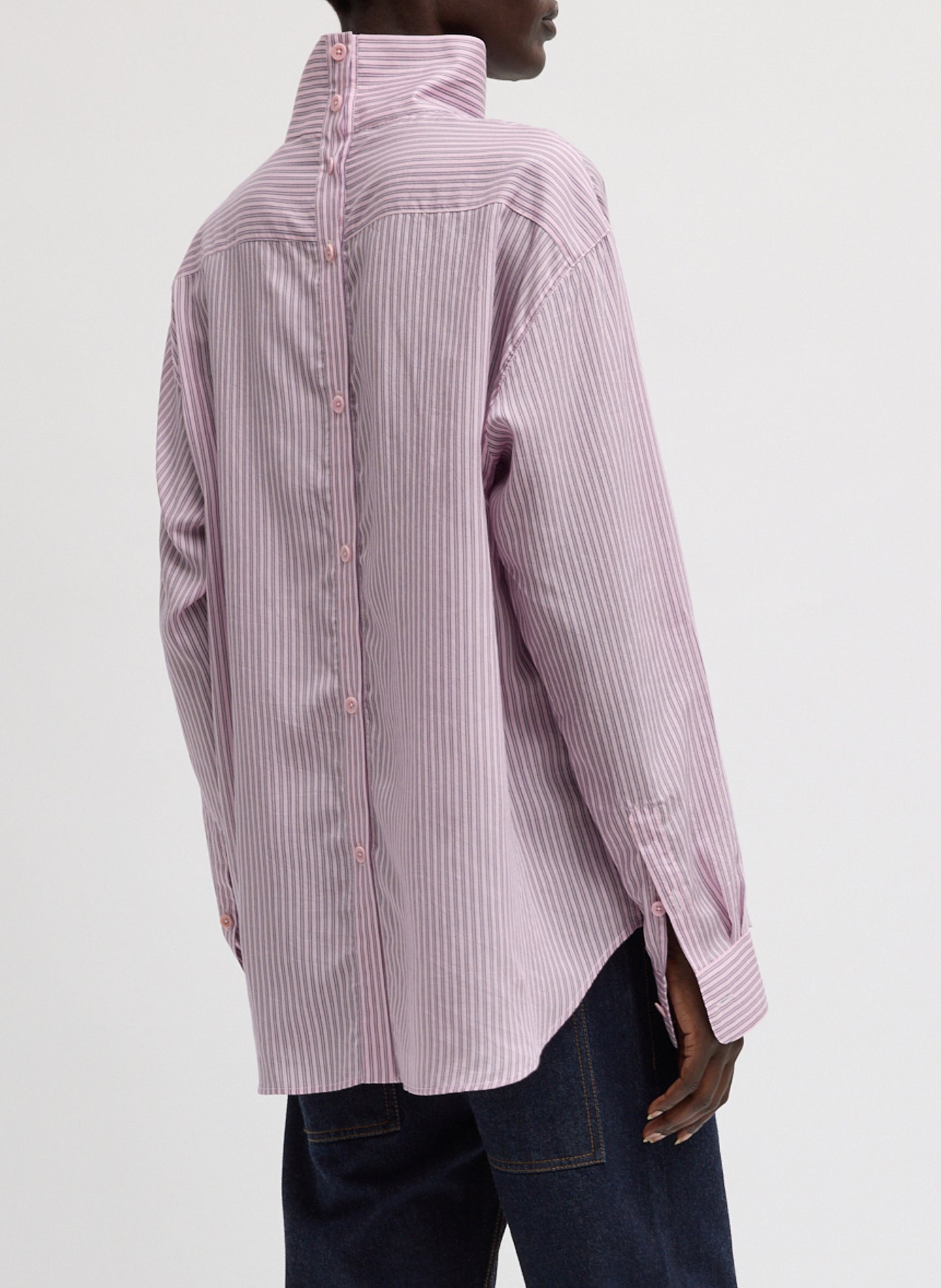 Ultra Light Silk Tencel Striped Funnel Neck Shirt - long sleeve, back view on model