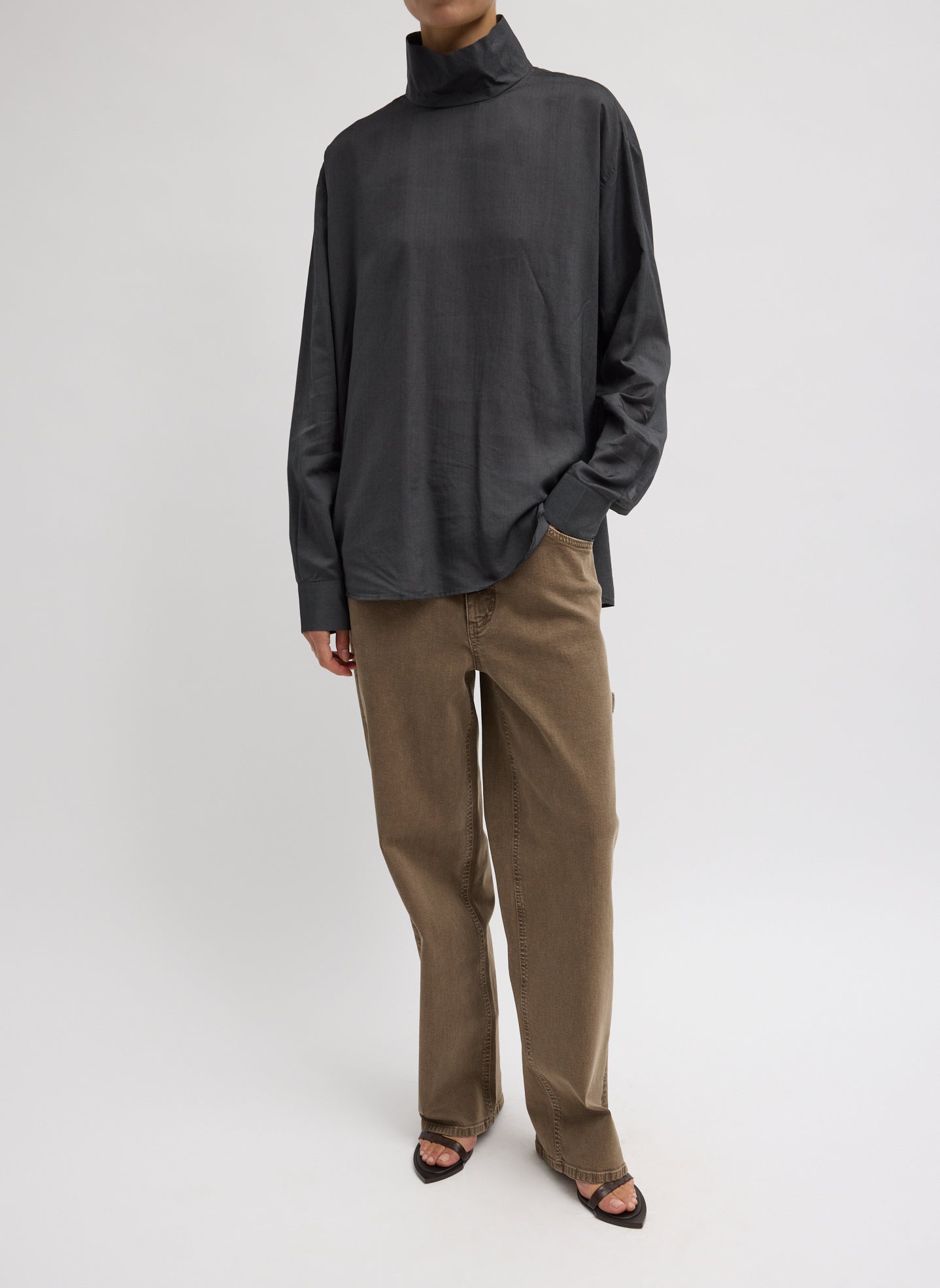 Black Ultra Light Silk Tencel Funnel Neck Shirt - full look, front view on model