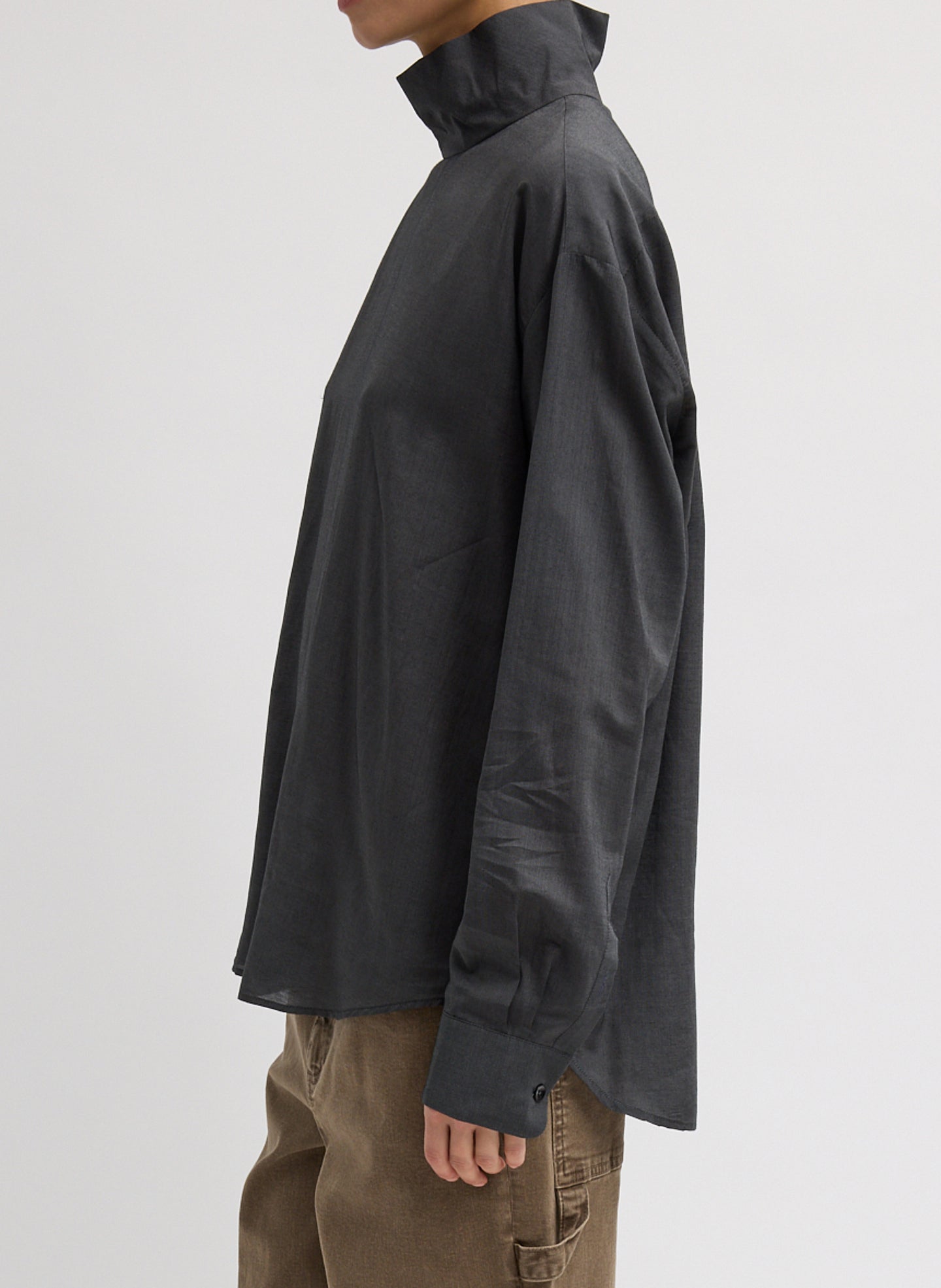 Black Ultra Light Silk Tencel Funnel Neck Shirt - side view on model