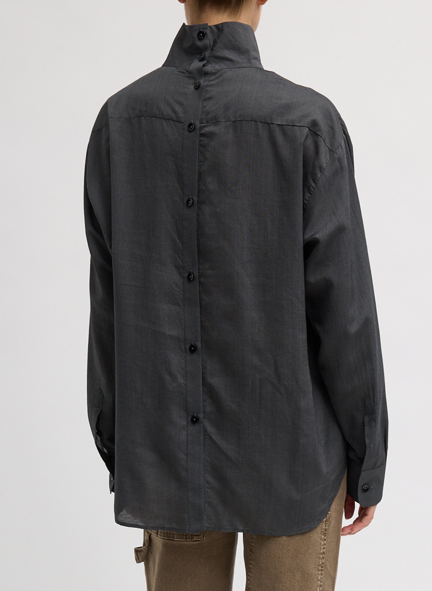 Black Ultra Light Silk Tencel Funnel Neck Shirt - back view on model