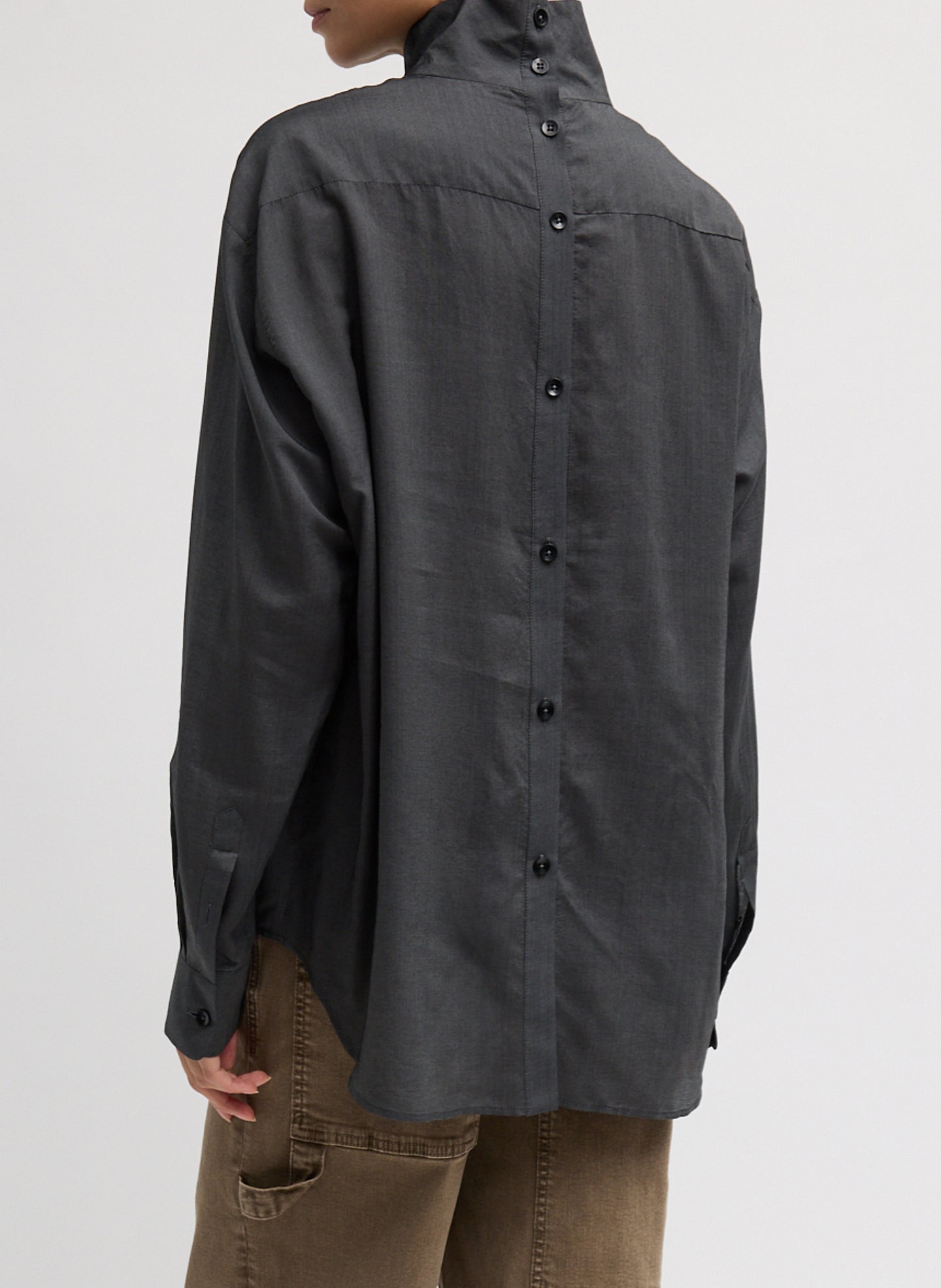 Black Ultra Light Silk Tencel Funnel Neck Shirt - back view on model