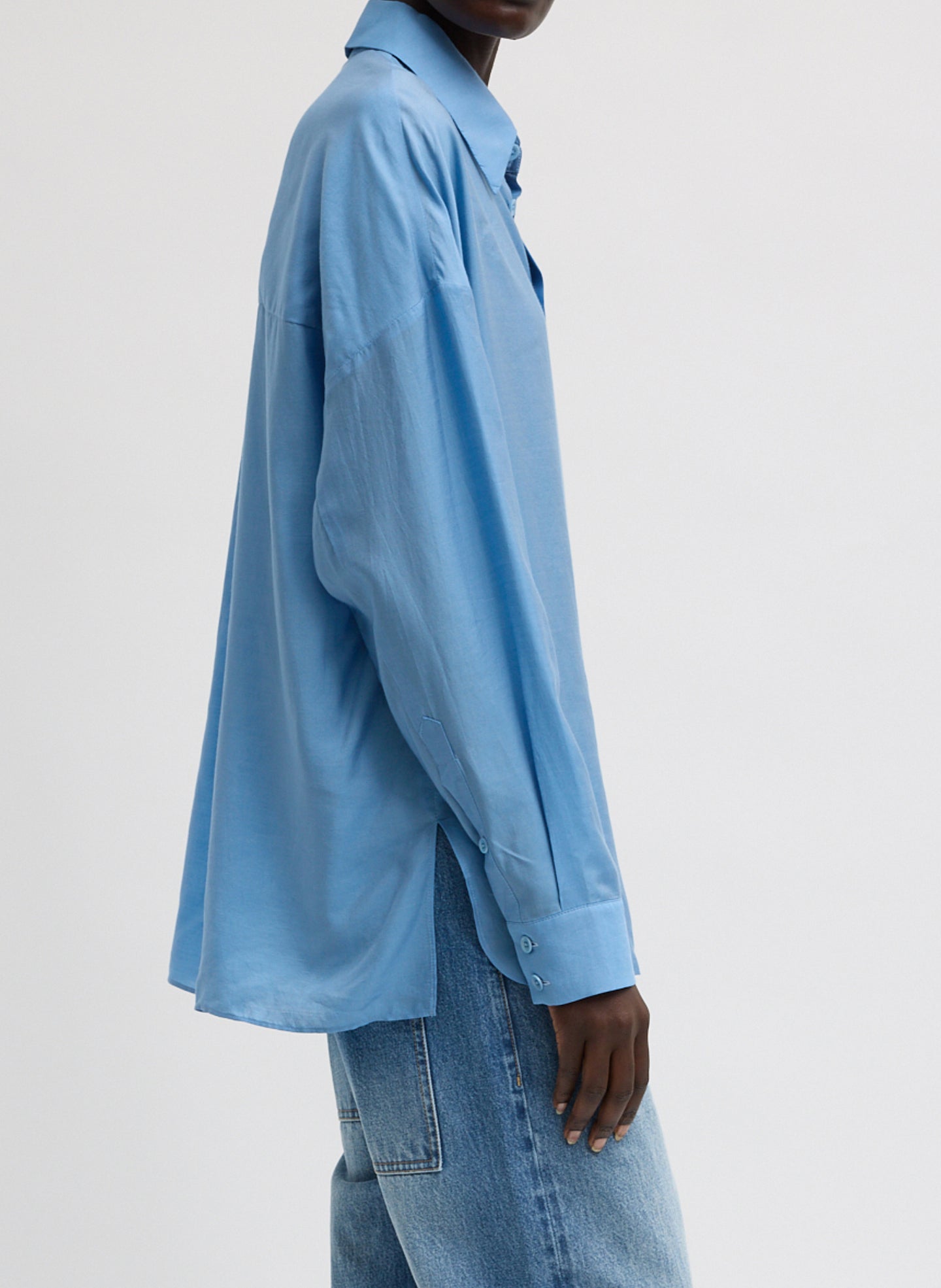 Blue Ultra Light Silk Tencel Oversized Shirt - long sleeve button down, side view on model