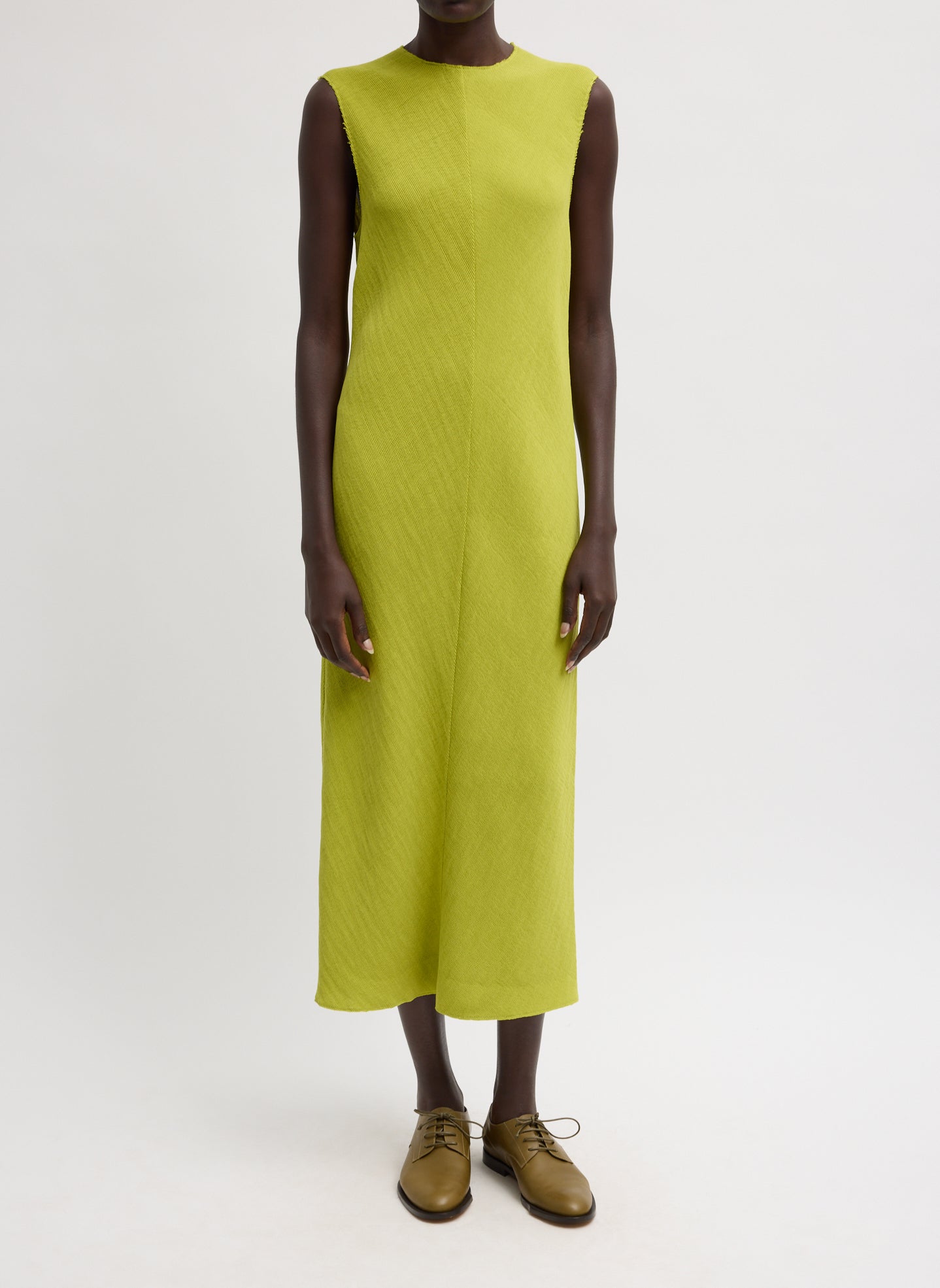 Viscose Plisse Sleeveless Bias Dress - Chartreuse Viscose Plisse Sleeveless Bias Dress - front view on model