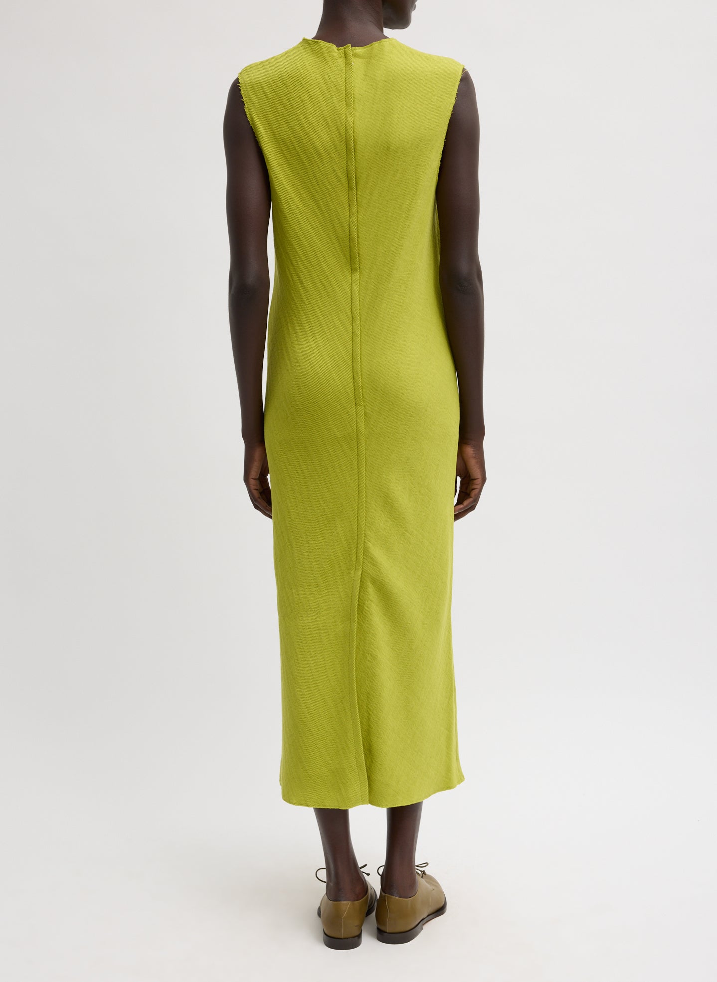 Chartreuse Viscose Plisse Sleeveless Bias Dress - back view on model