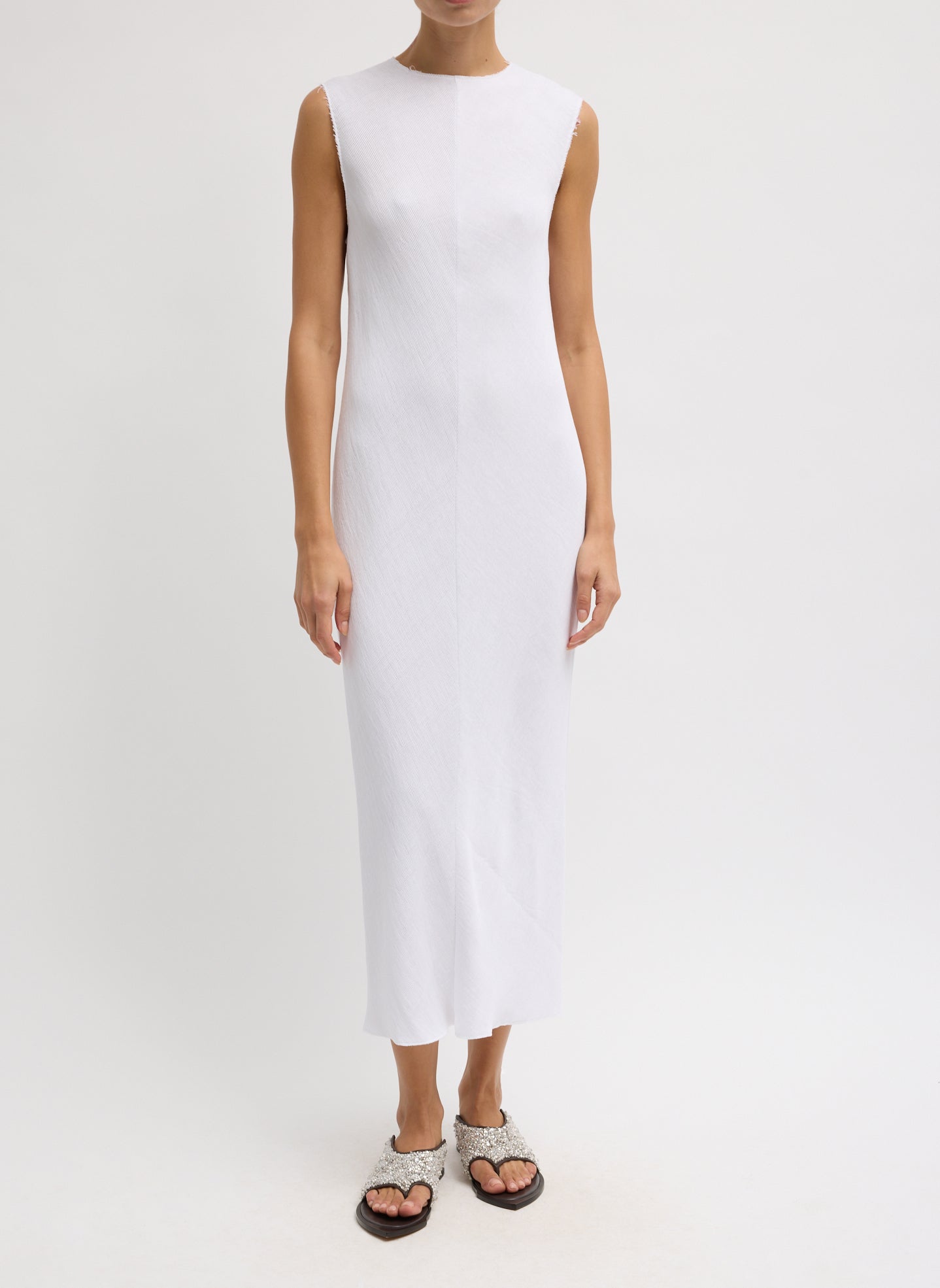 Viscose Plisse Sleeveless Bias Dress - Viscose Plisse Sleeveless Bias Dress - front view on model