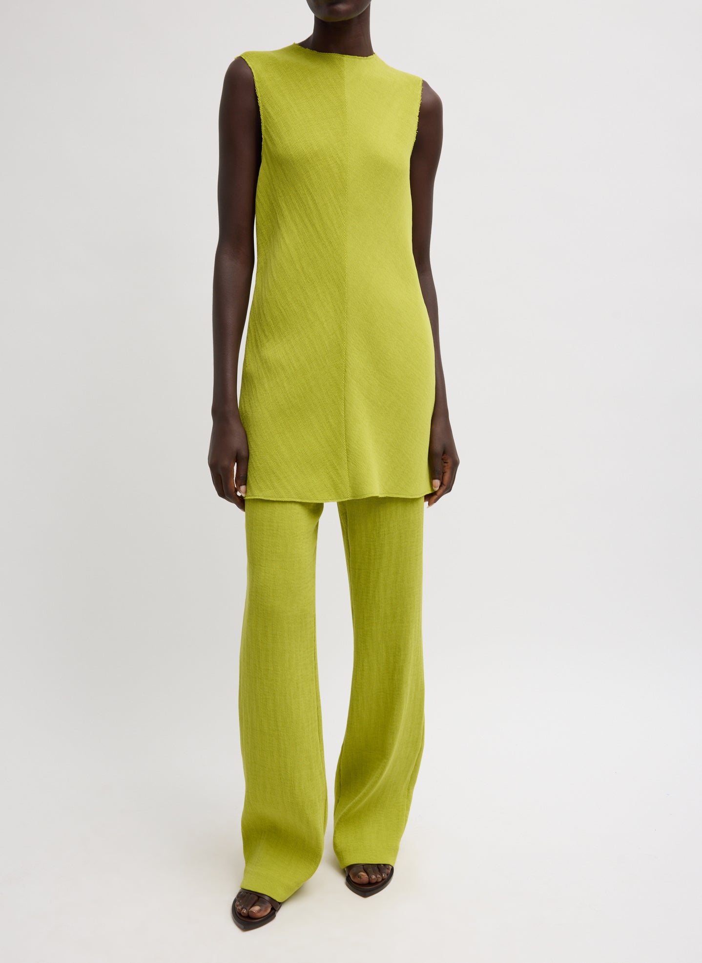 Viscose Plisse Sleeveless Bias Short Tunic Dress - Chartreuse Viscose Plisse Sleeveless Bias Short Tunic - front view on model