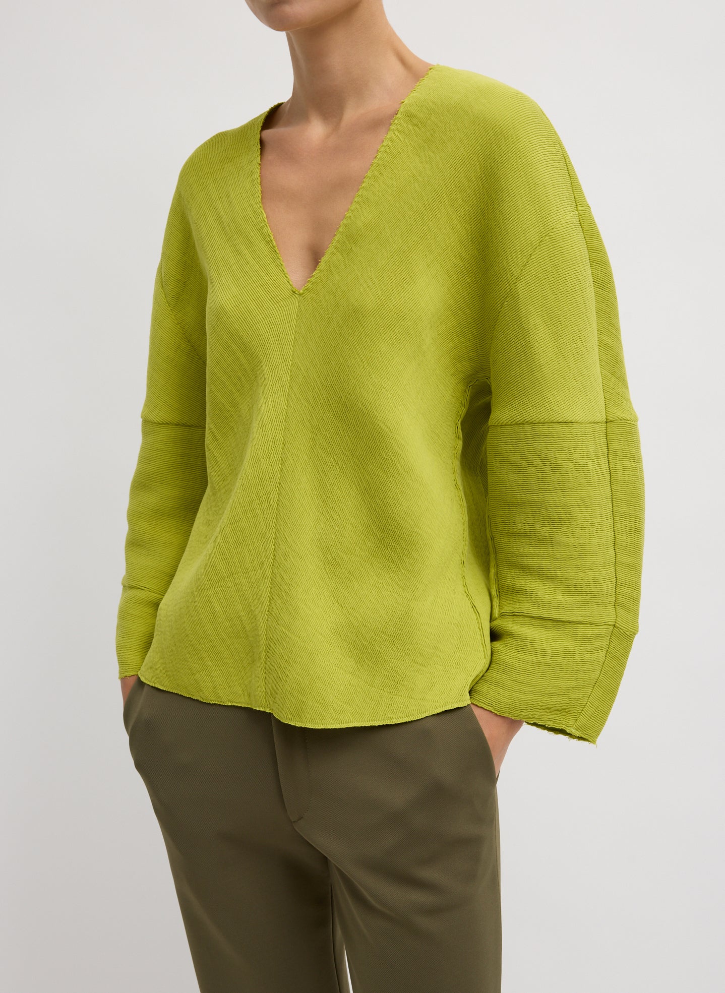 Viscose Plisse Hinged Long Sleeve Top - Chartreuse Viscose Plisse Hinged Long Sleeve Top - front view on model