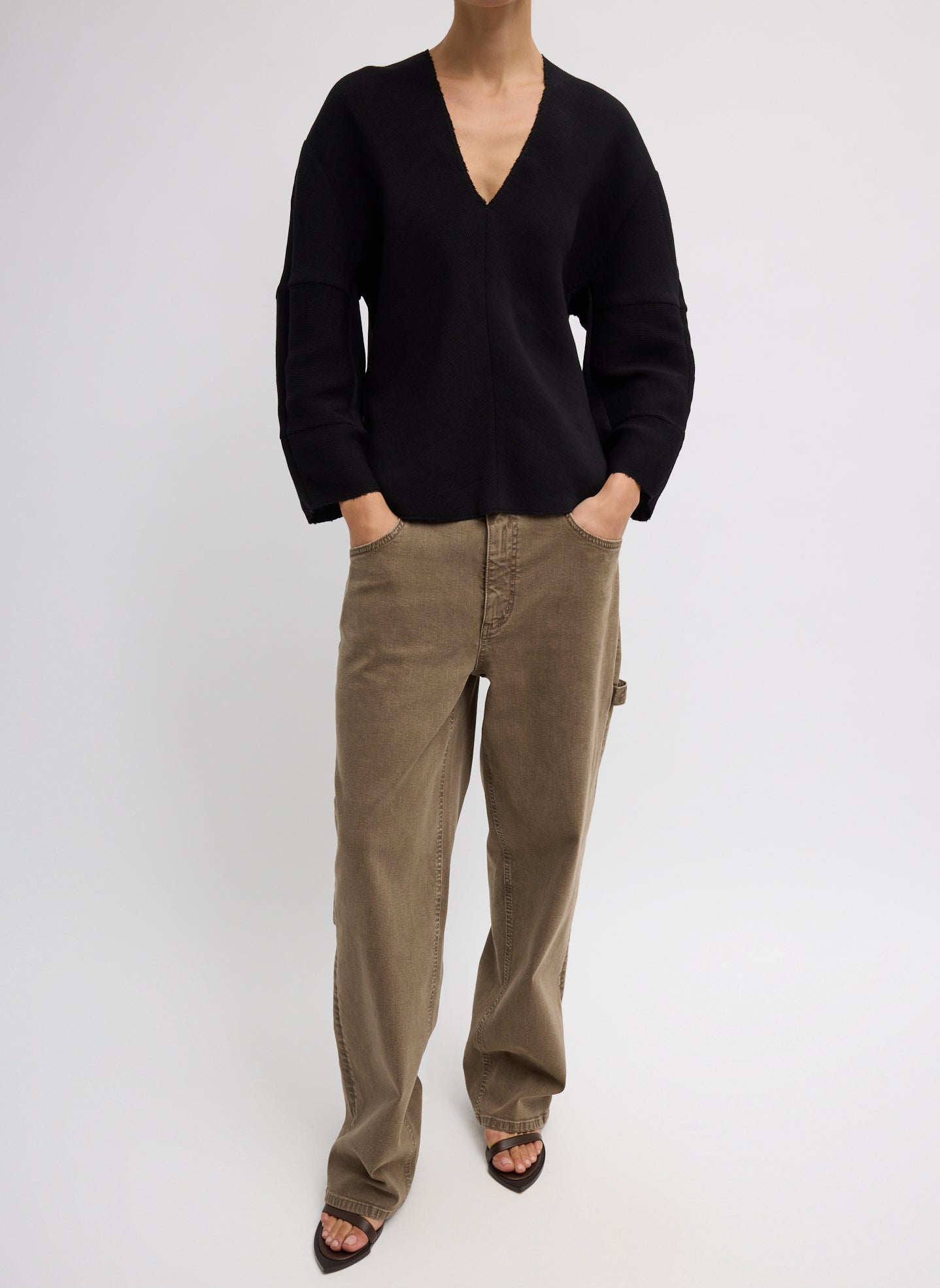 Viscose Plisse Hinged Long Sleeve Top - Black Viscose Plisse Hinged Long Sleeve Top - full look, front view on model