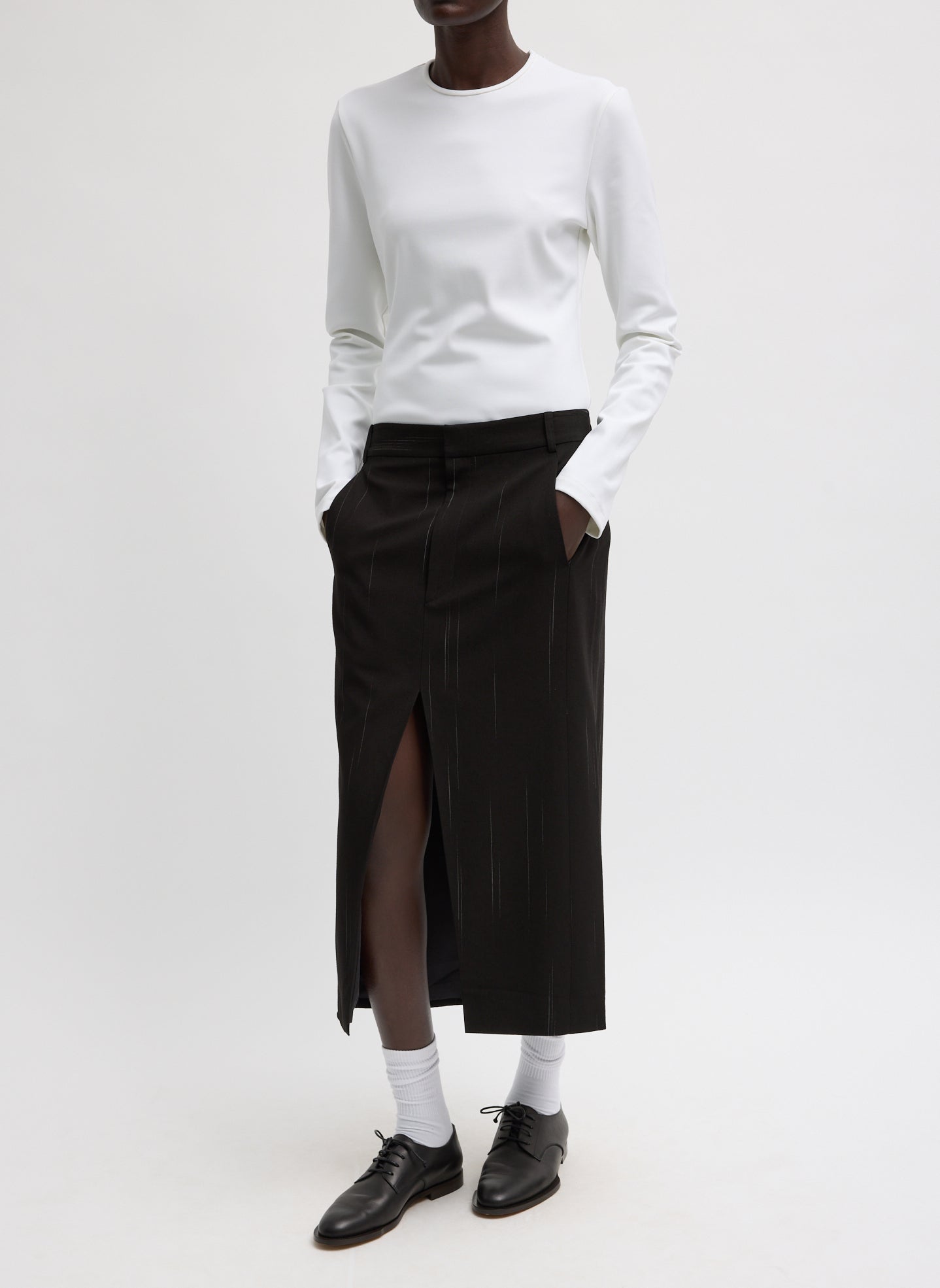 Viscose Suiting Midi Trouser Skirt - front view on model