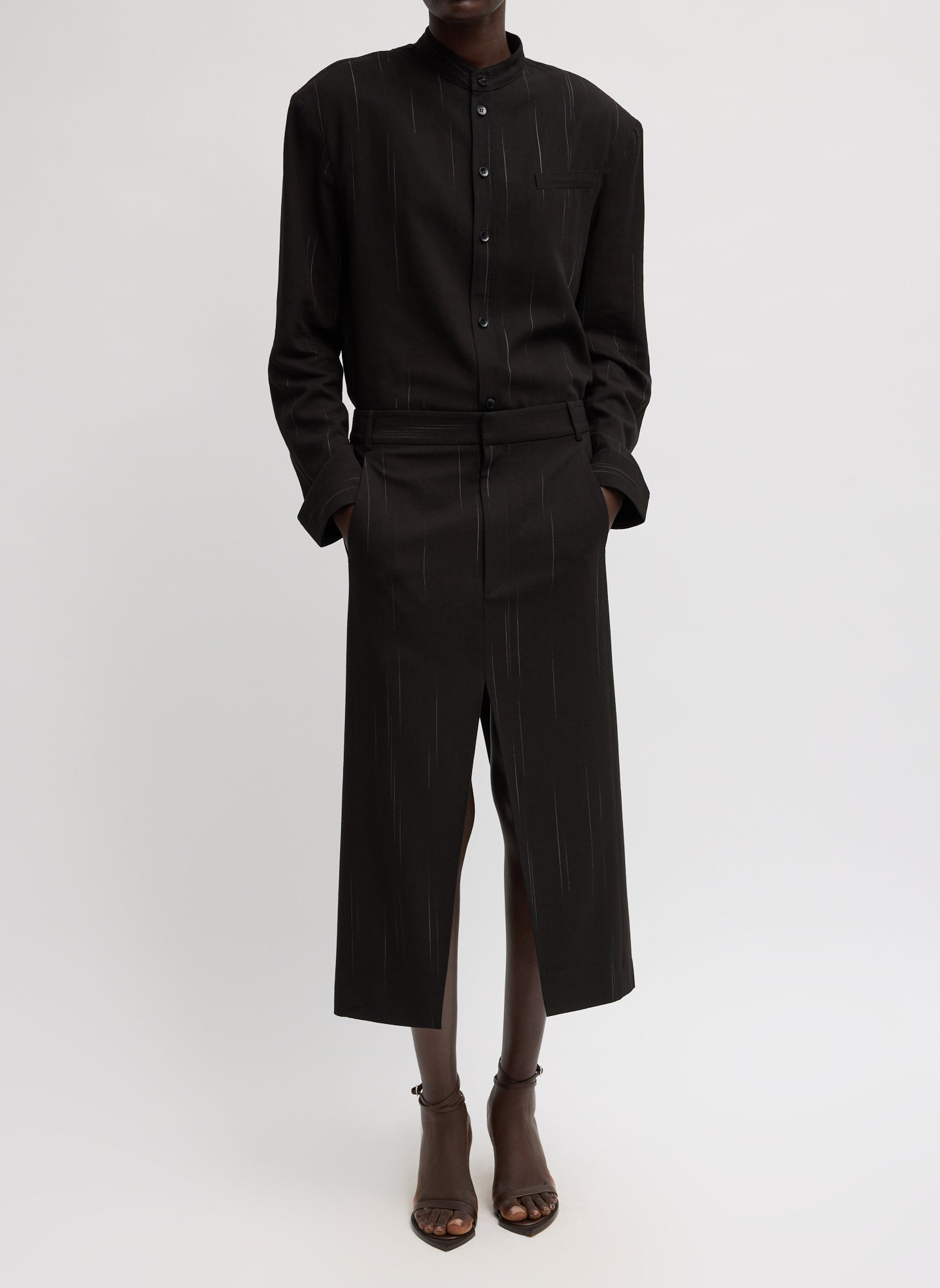 Viscose Suiting Midi Trouser Skirt - full look, front view on model