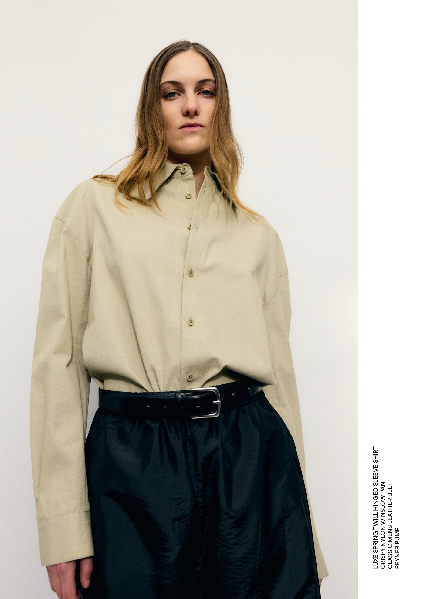 Taupe Luxe Spring Twill Hinged Shirt - editorial image on model