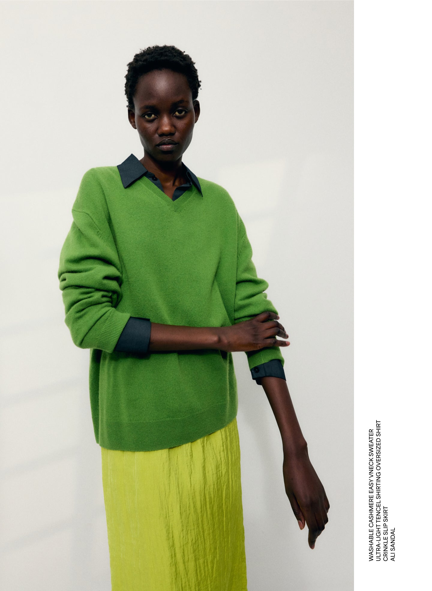 Avocado Green Washable Cashmere Crewneck Cutout Sleeve Sweater - editorial image on model